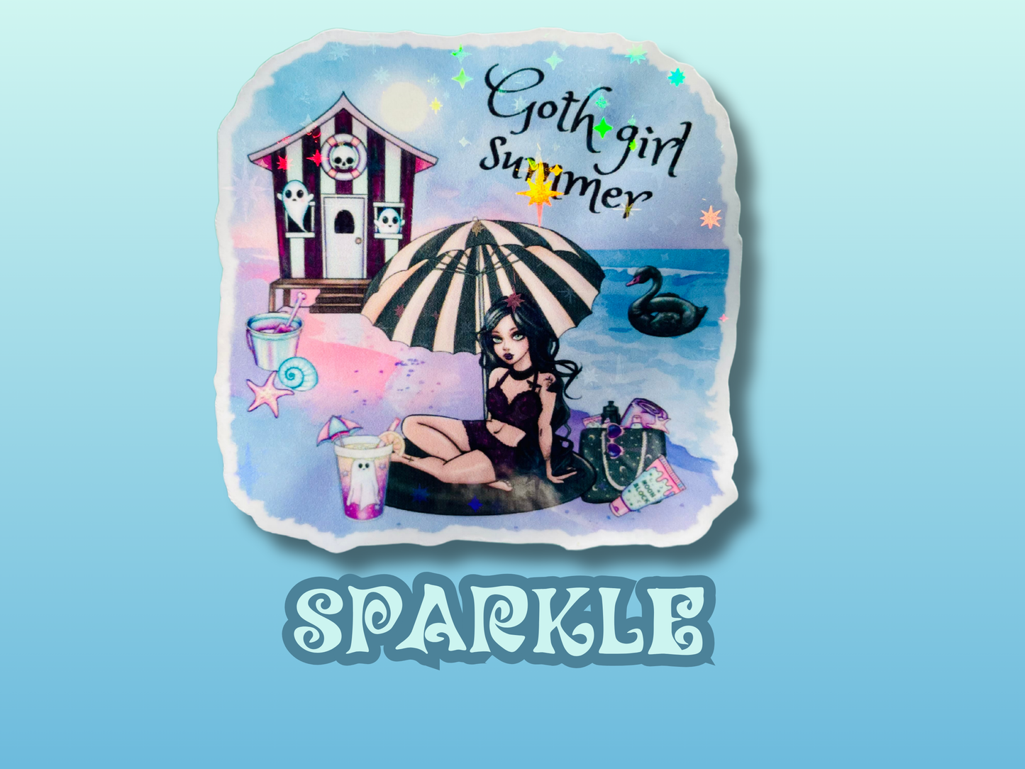 Goth girl summer sticker, gifts for book lovers, gothic sticker, die cut sticker, laminate sticker, laptop sticker, vinyl sticker, glitter