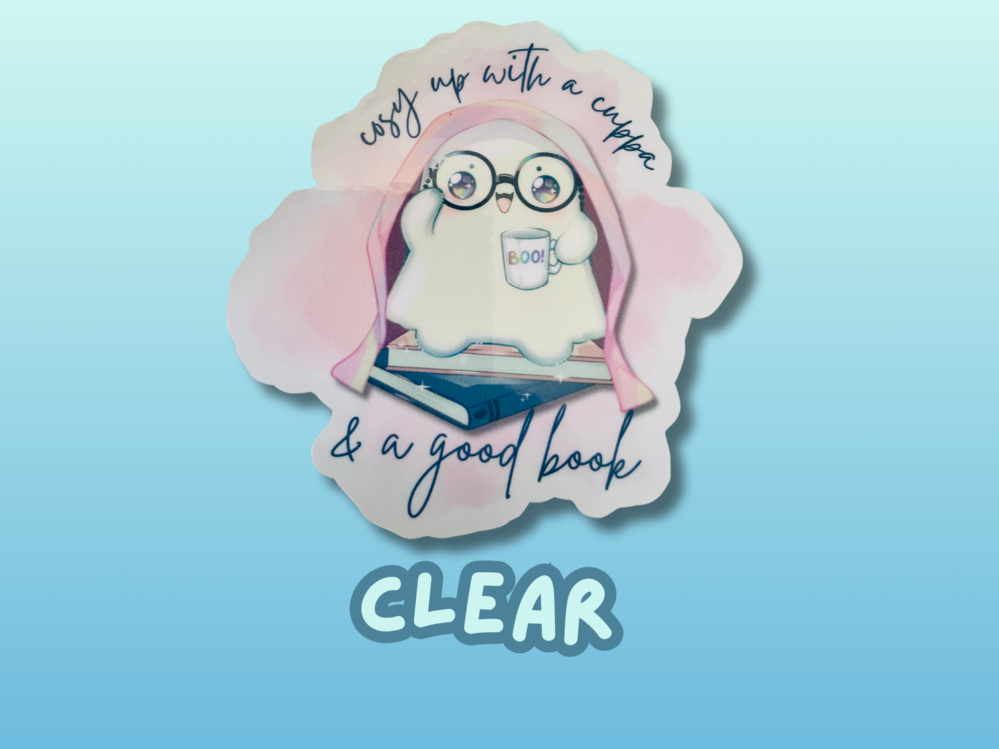 A cuppa and a good book sticker, gifts for book lovers, ghost sticker, die cut sticker, laminate sticker, laptop sticker, vinyl sticker