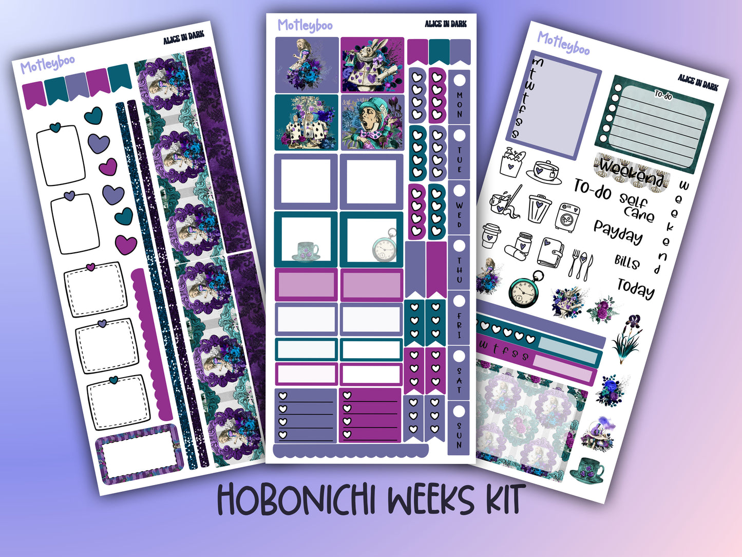 Alice in dark hobonichi weeks, sticker kit, hobonichi planner, cute stickers, hobonichi functional stickers, small planner stickers, gothic alice