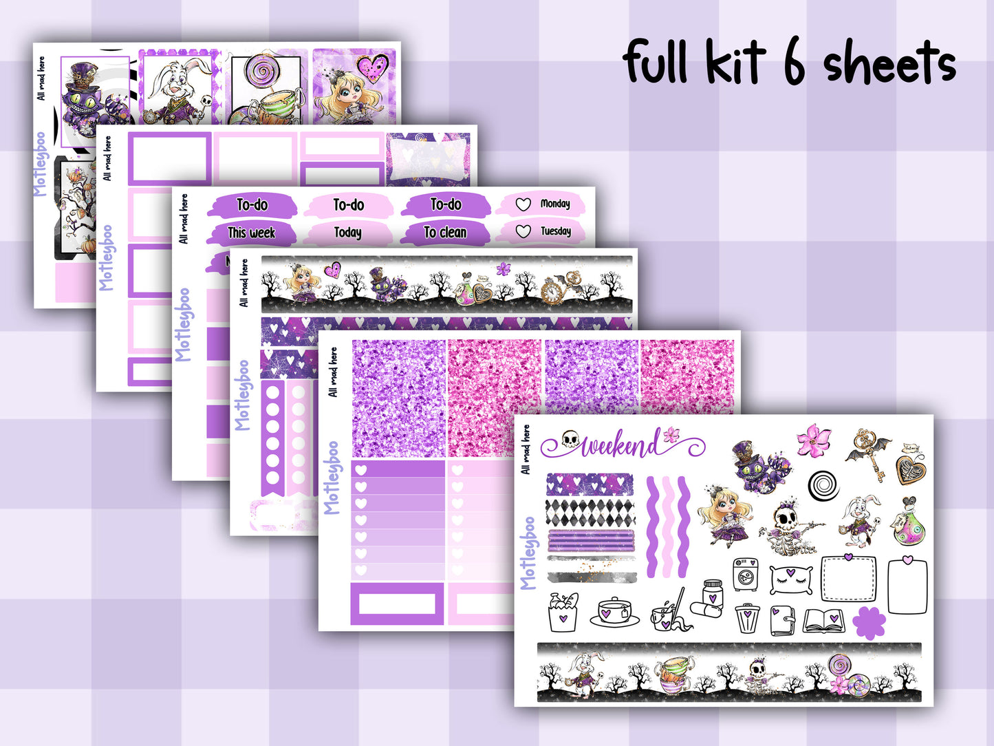 Alice in wonderland weekly vertical planner kit, functional stickers, All mad here