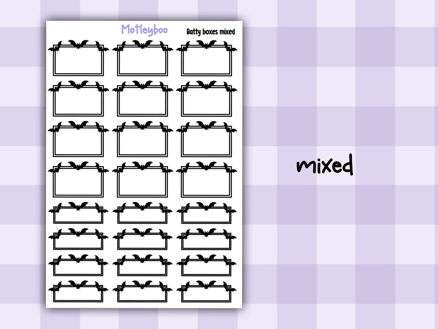 Batty Functional Planner Stickers, Quarter and Half Boxes, Goth Weekly Planner Supplies MIXED SHEET