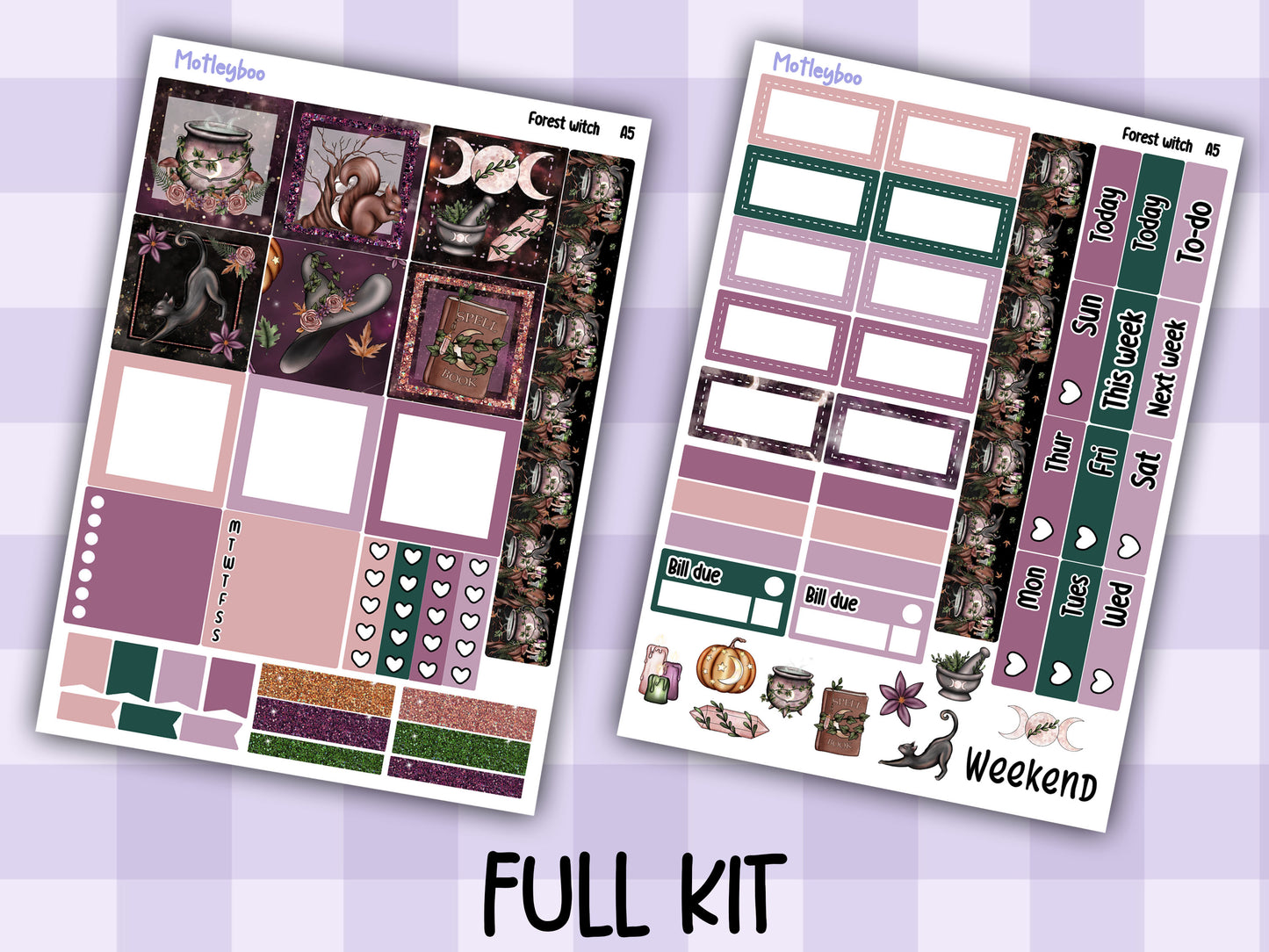A5 Hobonichi cousin, weekly planner sticker kit, Forest witch