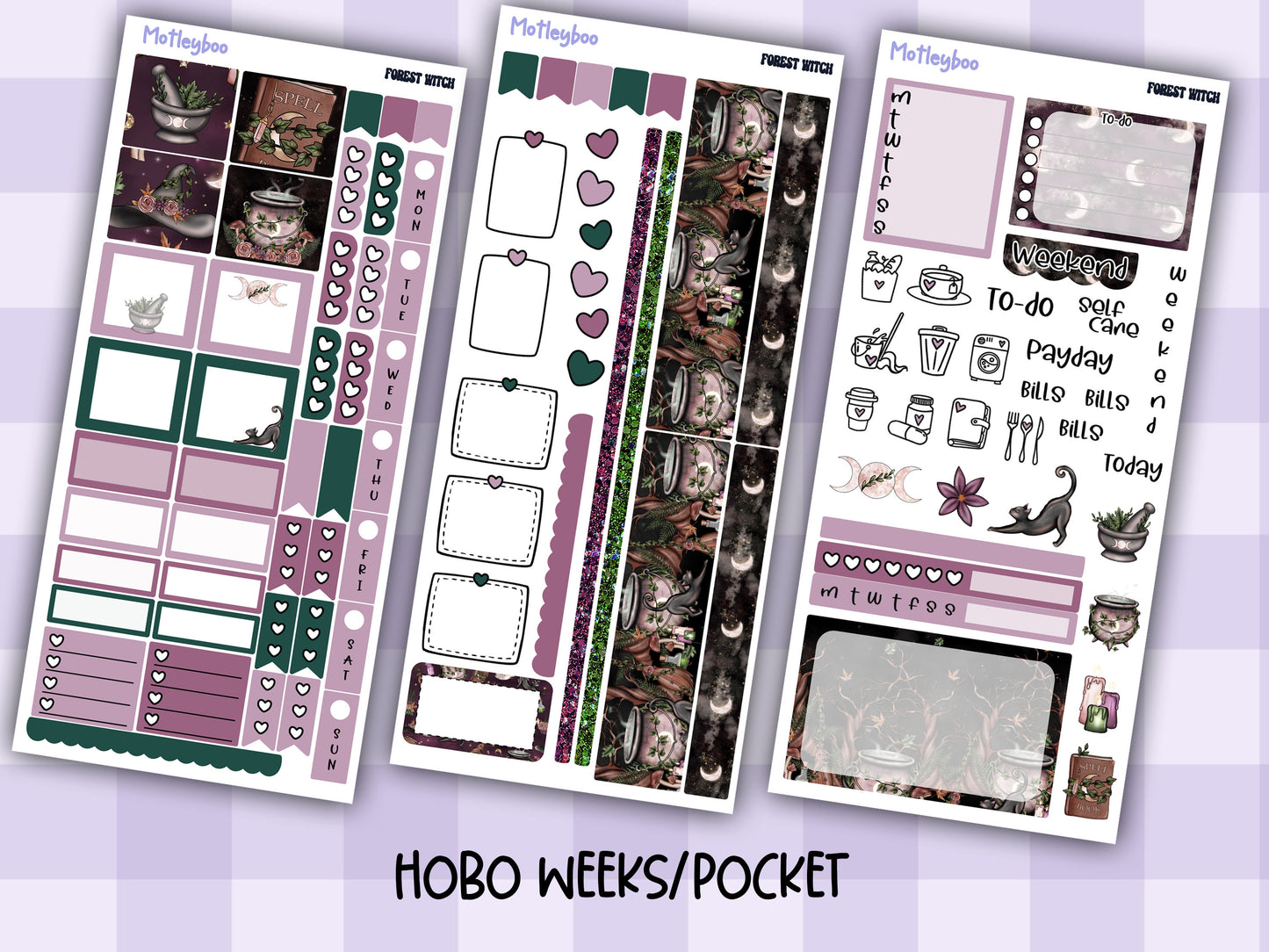 Hobonichi weeks, weekly sticker kit, witch stickers, celestial stickers, mystical stickers, witchcraft stickers, witch vibes, forest witch