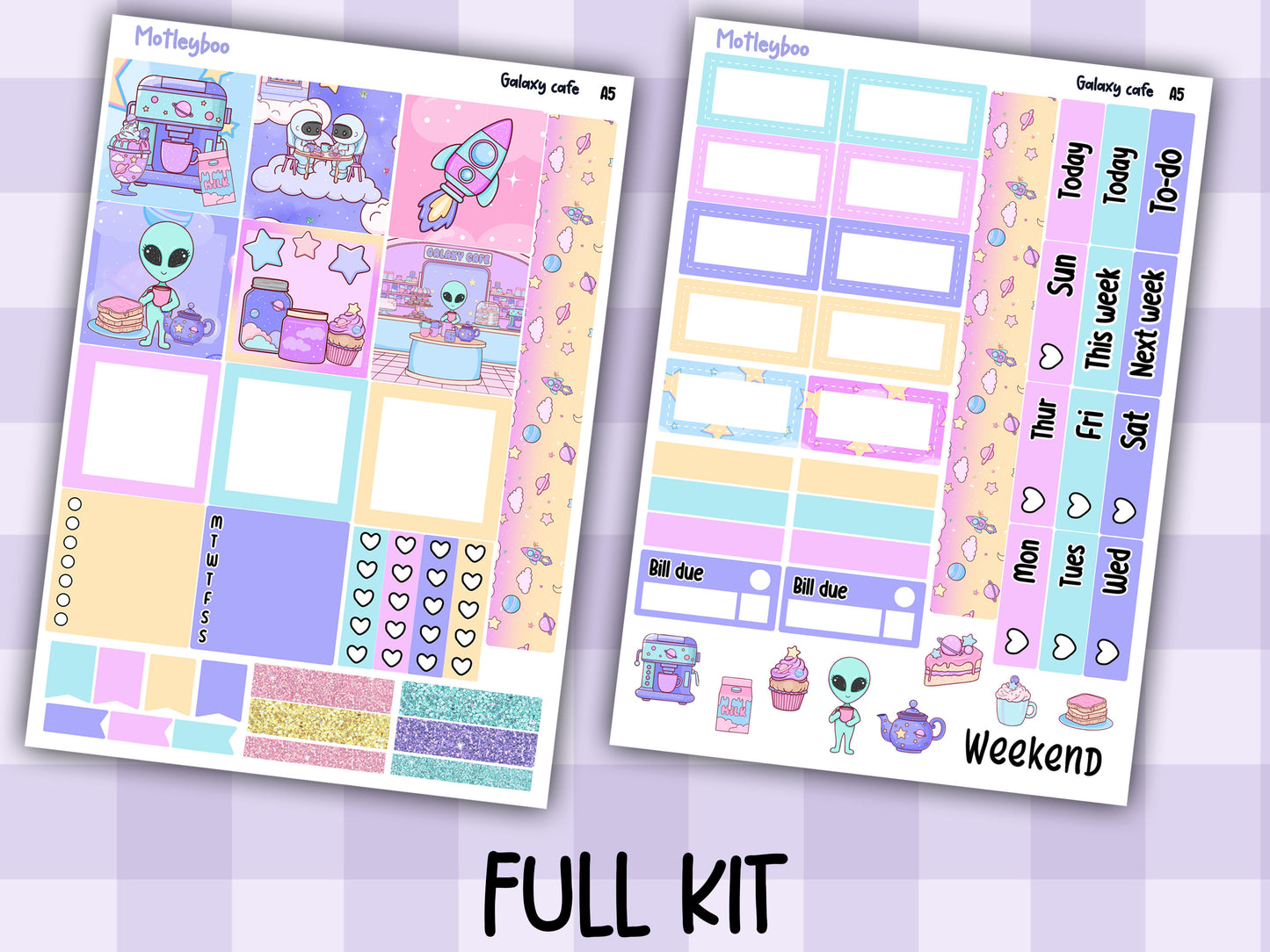 Hobonichi cousin, weekly planner sticker kit, Galaxy Cafe