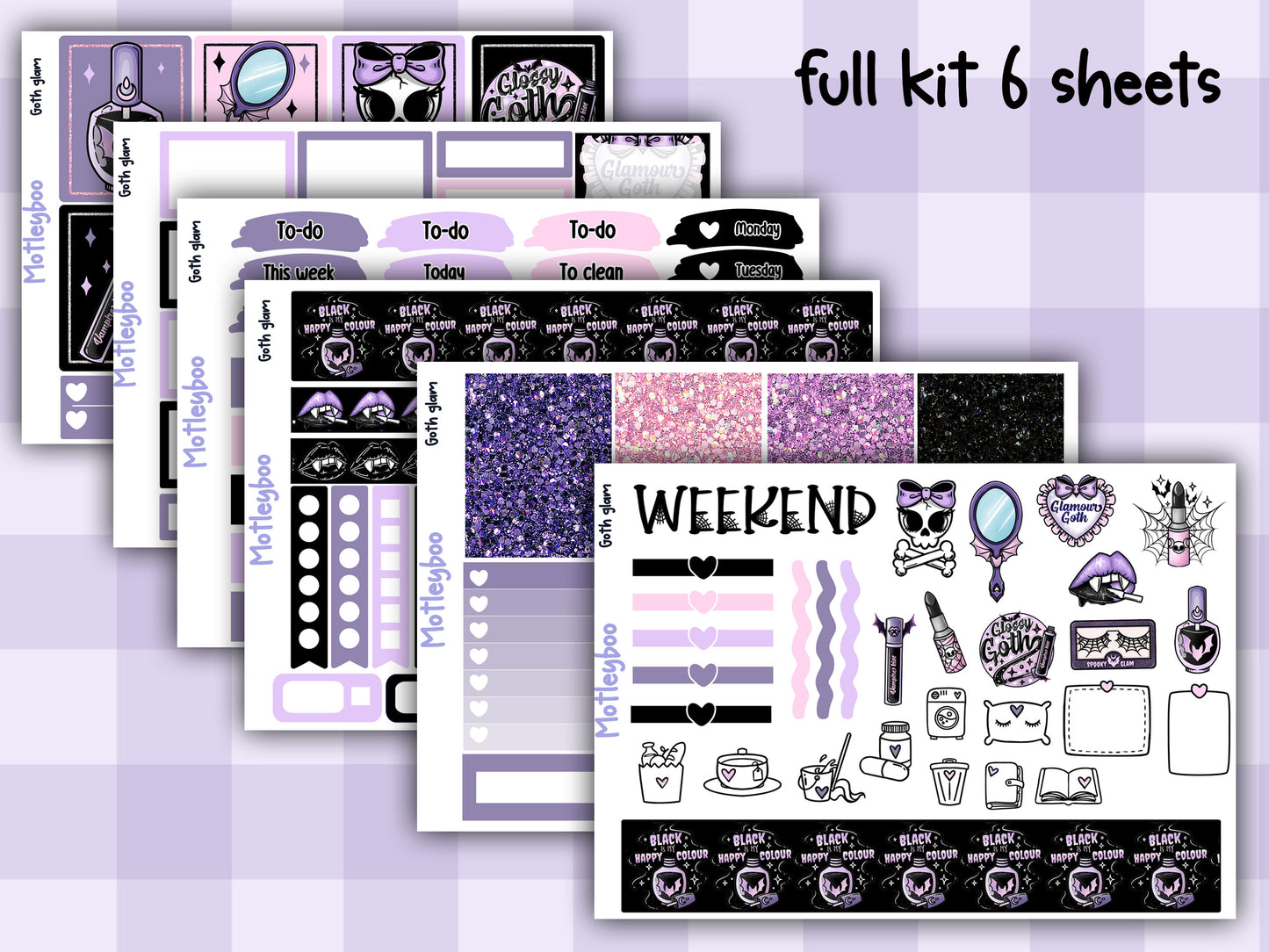 Weekly Planner Sticker Kit, pastel goth glamour spooky halloween Vertical Planning Stickers, Goth glam