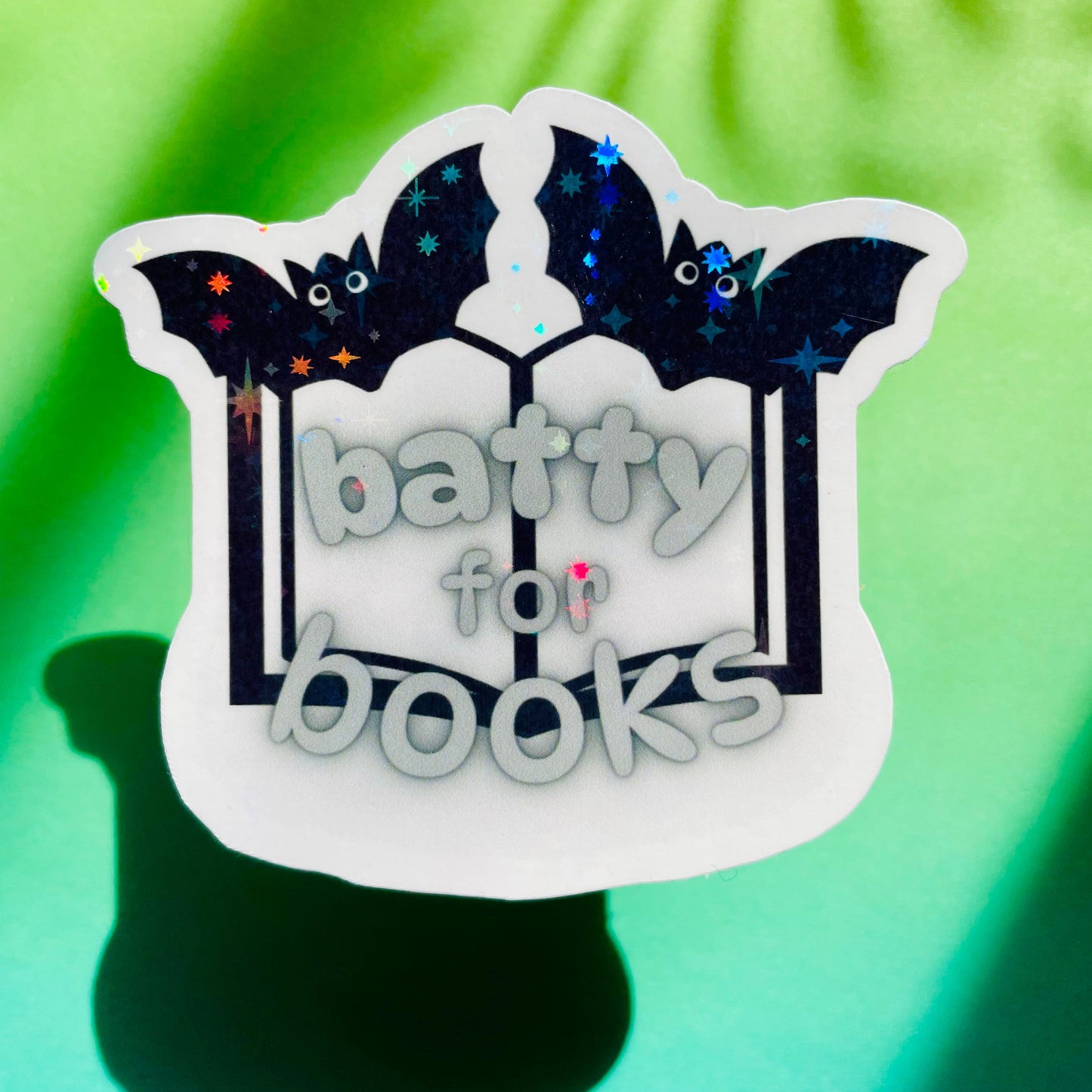 Batty for books sticker, gifts for book lovers, gothic sticker, die cut sticker, laminate sticker, laptop sticker, vinyl sticker, sparkly