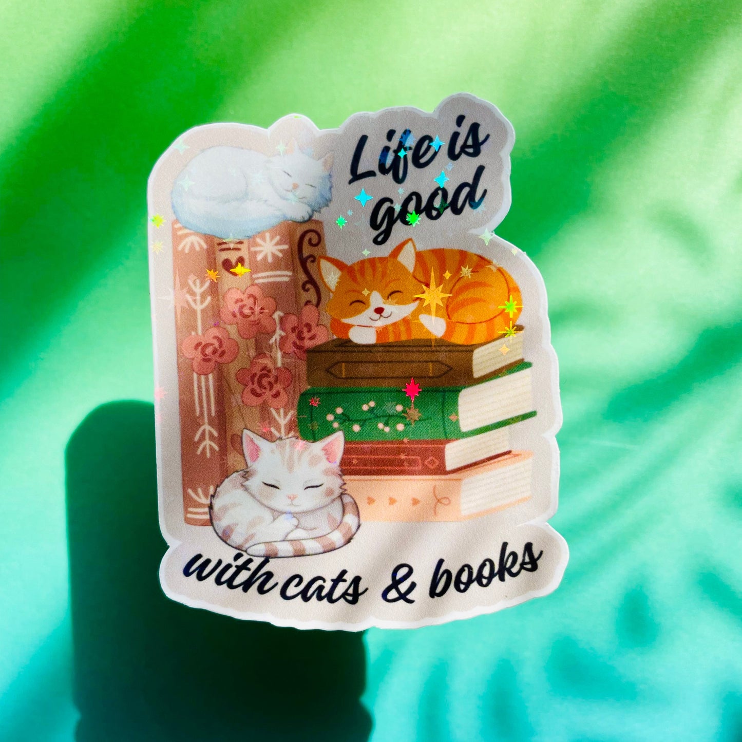 Life is good cats & books sticker, gifts for book lovers, cute sticker, die cut sticker, laminate sticker, laptop sticker, vinyl sticker