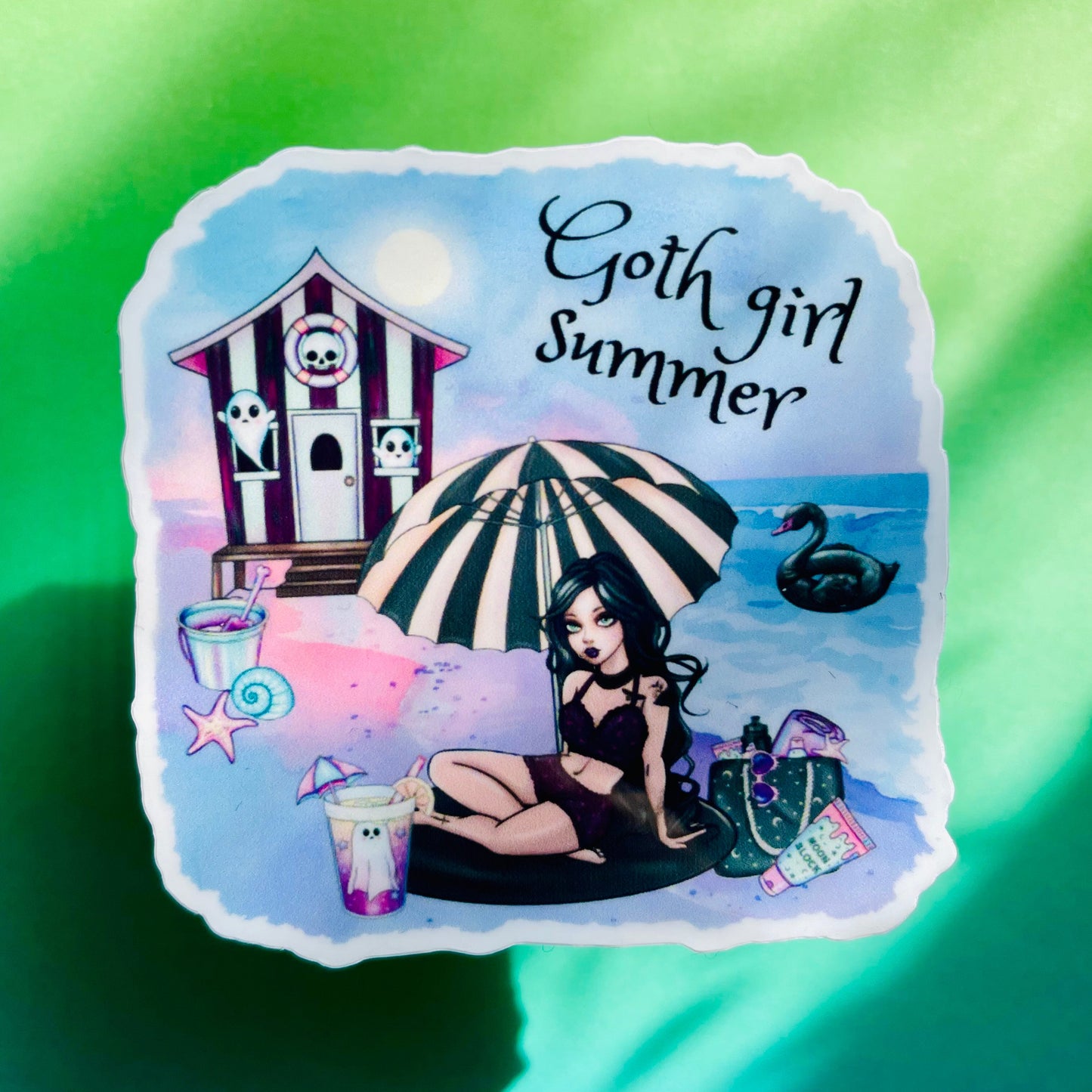 Goth girl summer sticker, gifts for book lovers, gothic sticker, die cut sticker, laminate sticker, laptop sticker, vinyl sticker, glitter