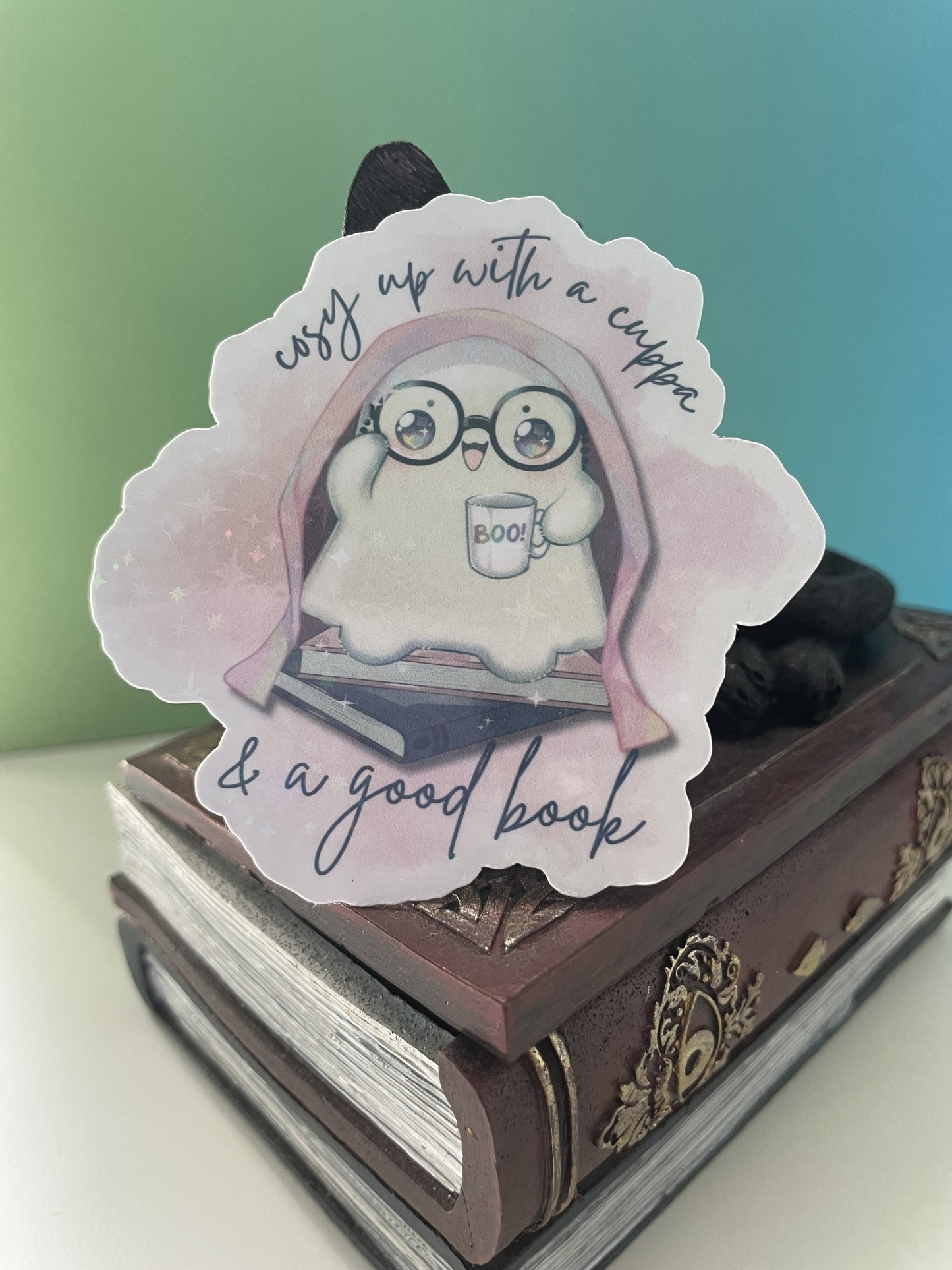 A cuppa and a good book sticker, gifts for book lovers, ghost sticker, die cut sticker, laminate sticker, laptop sticker, vinyl sticker