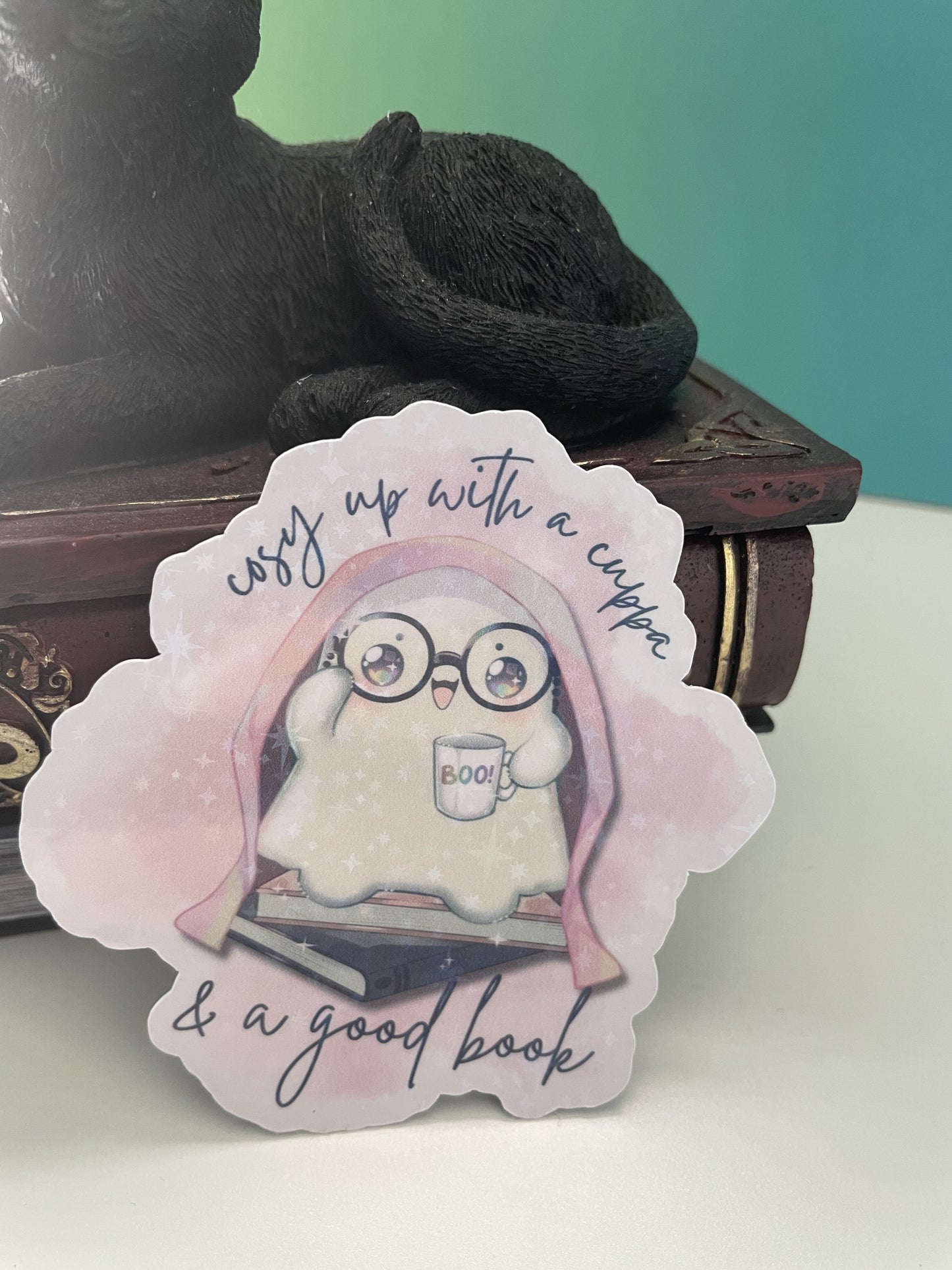 A cuppa and a good book sticker, gifts for book lovers, ghost sticker, die cut sticker, laminate sticker, laptop sticker, vinyl sticker