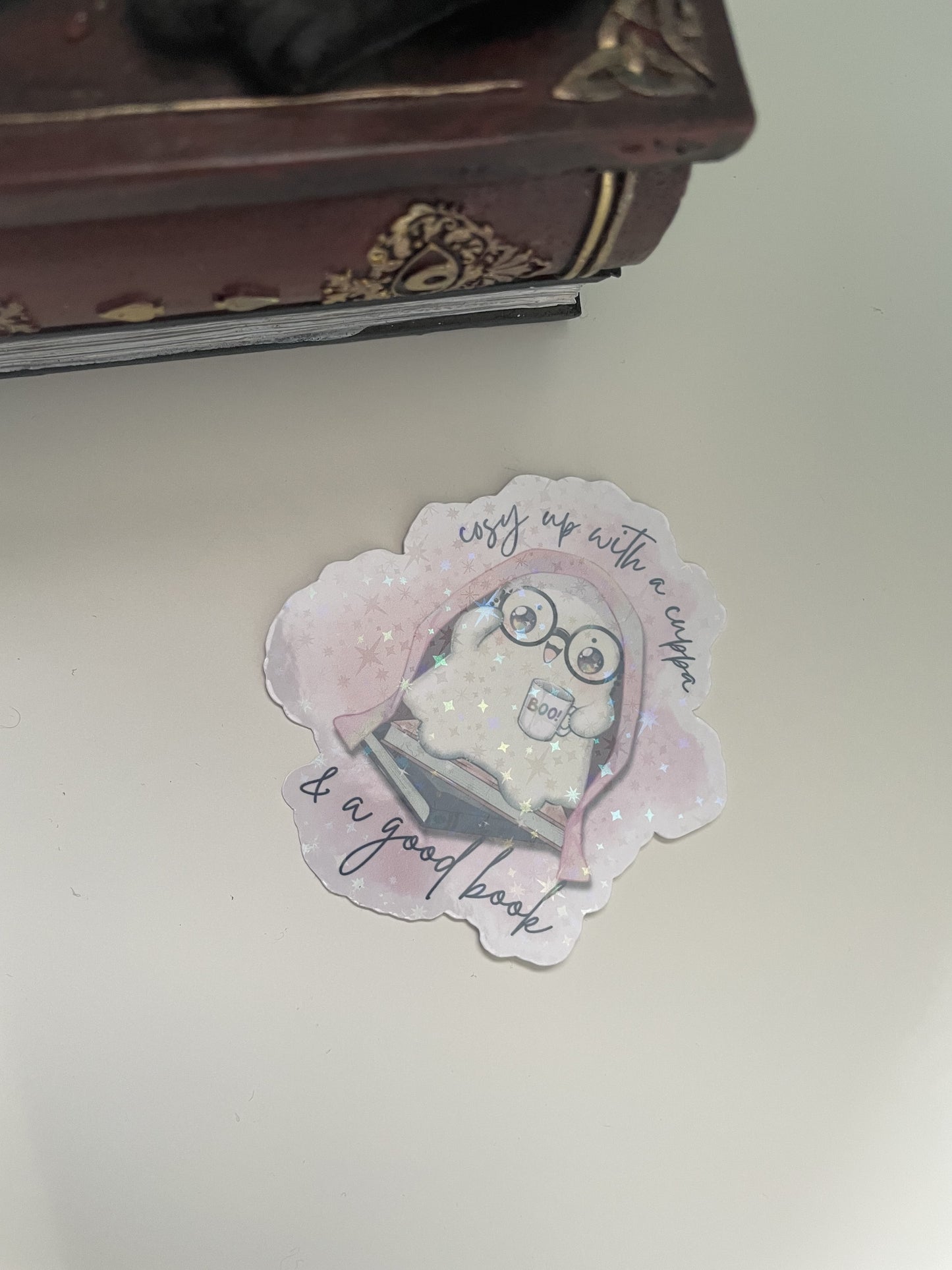 A cuppa and a good book sticker, gifts for book lovers, ghost sticker, die cut sticker, laminate sticker, laptop sticker, vinyl sticker