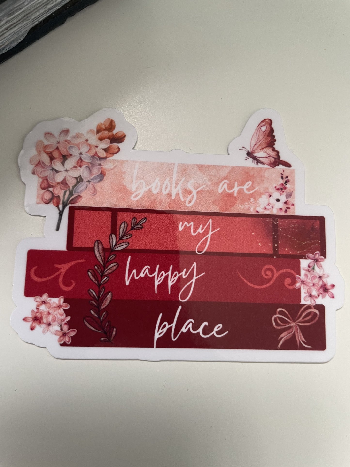 Books are my happy place sticker, gifts for book lovers, red sticker, die cut sticker, laminated, laptop sticker, vinyl sticker, bookish