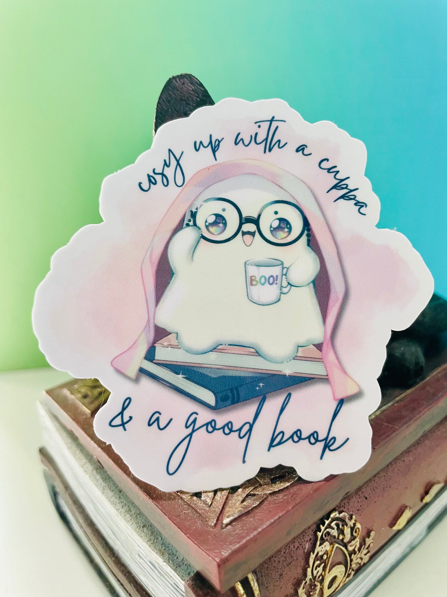 A cuppa and a good book sticker, gifts for book lovers, ghost sticker, die cut sticker, laminate sticker, laptop sticker, vinyl sticker