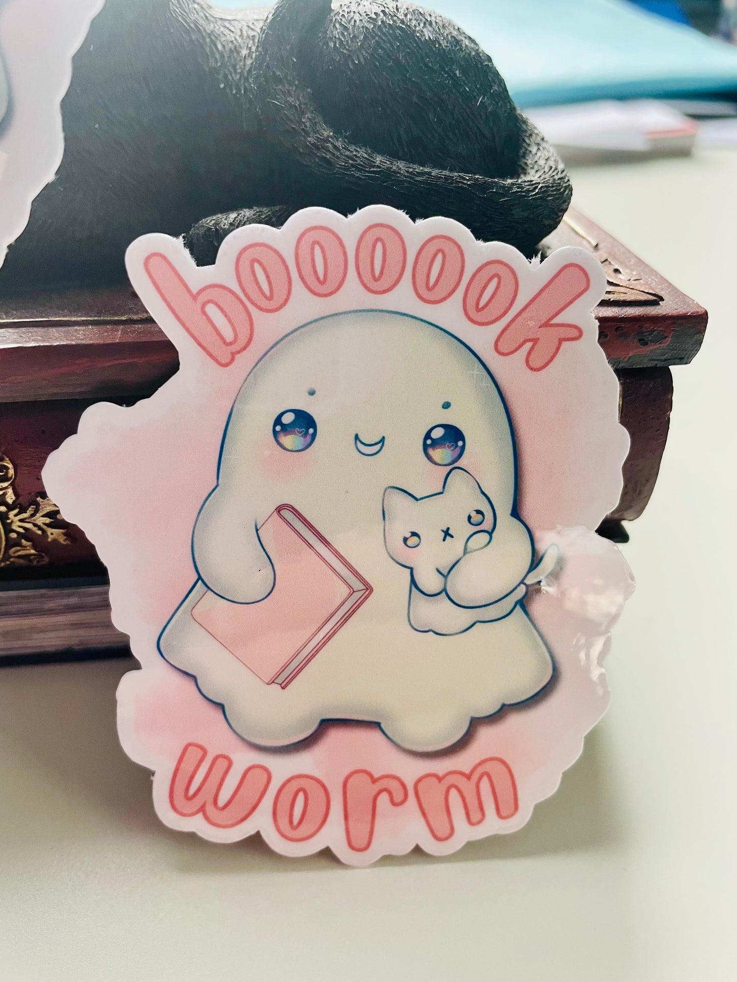 Bookworm sticker, gifts for book lovers, ghost sticker, die cut sticker, laminate sticker, laptop sticker, vinyl sticker