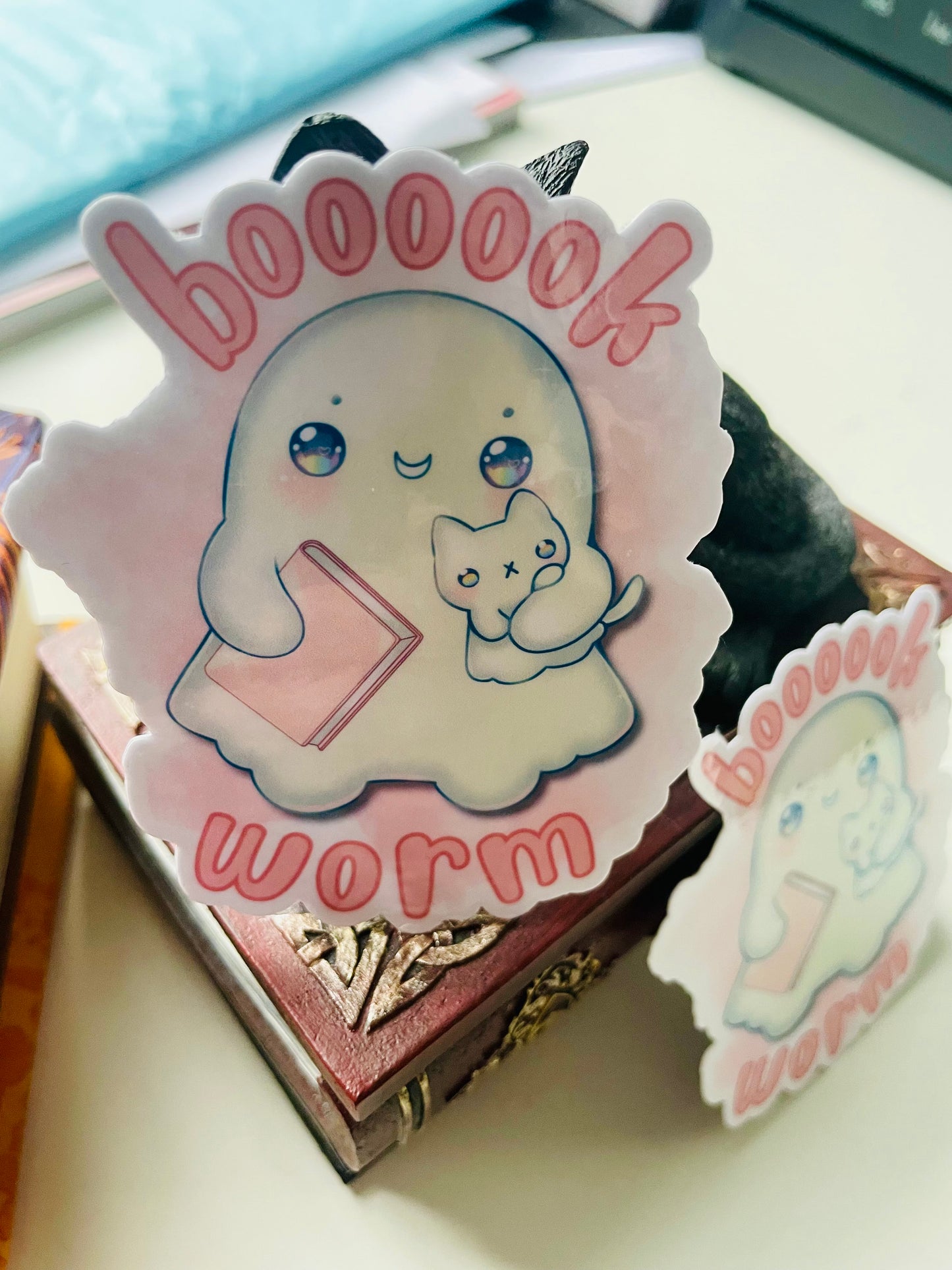 Bookworm sticker, gifts for book lovers, ghost sticker, die cut sticker, laminate sticker, laptop sticker, vinyl sticker