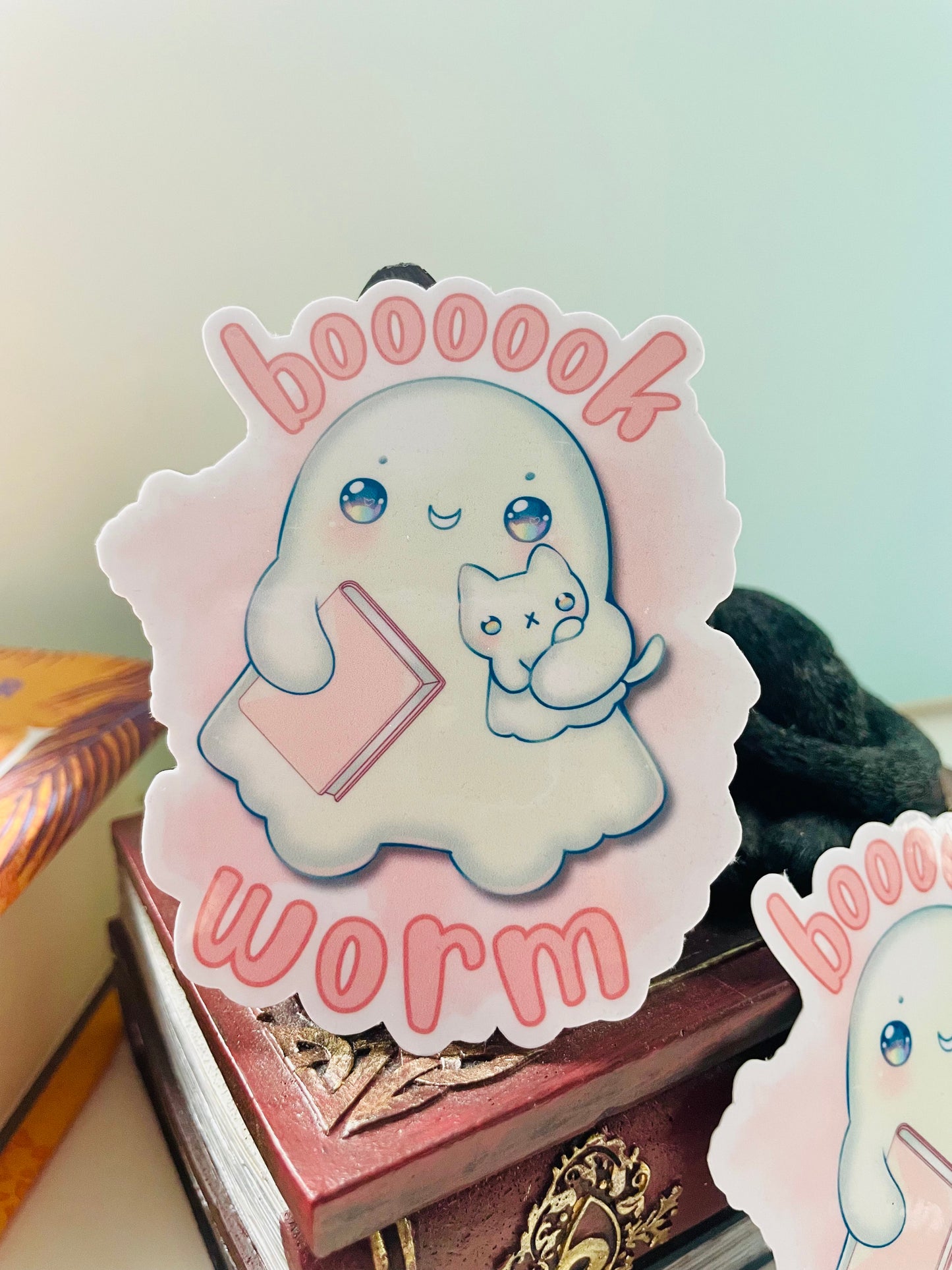 Bookworm sticker, gifts for book lovers, ghost sticker, die cut sticker, laminate sticker, laptop sticker, vinyl sticker