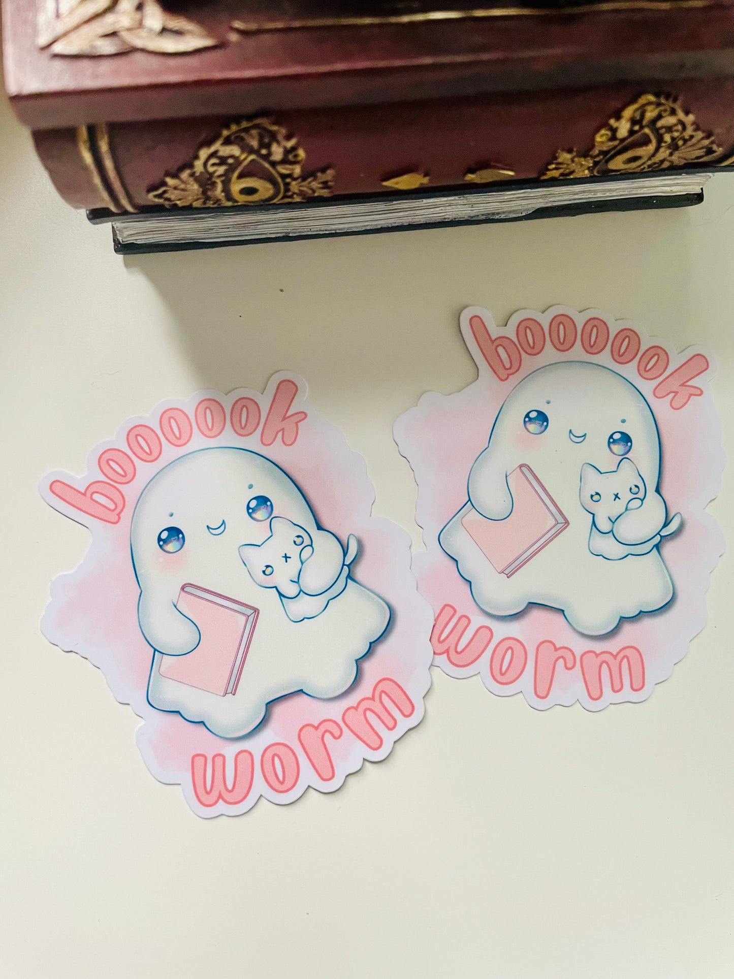 Bookworm sticker, gifts for book lovers, ghost sticker, die cut sticker, laminate sticker, laptop sticker, vinyl sticker