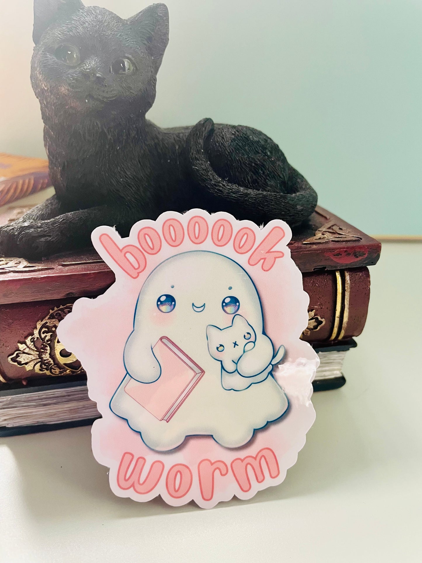 Bookworm sticker, gifts for book lovers, ghost sticker, die cut sticker, laminate sticker, laptop sticker, vinyl sticker