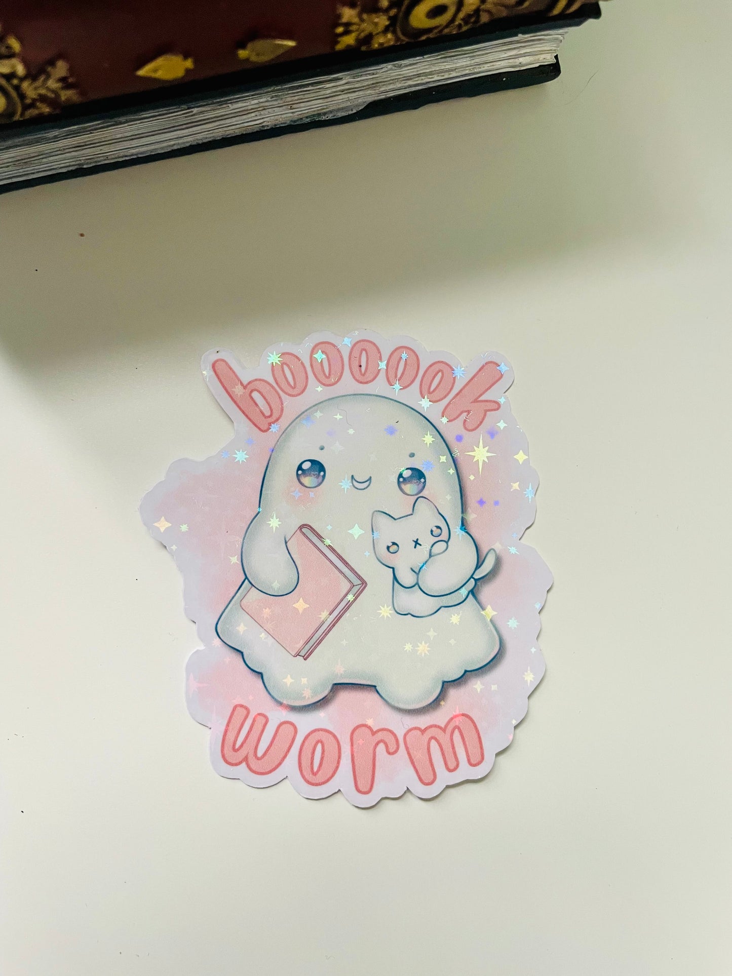Bookworm sticker, gifts for book lovers, ghost sticker, die cut sticker, laminate sticker, laptop sticker, vinyl sticker