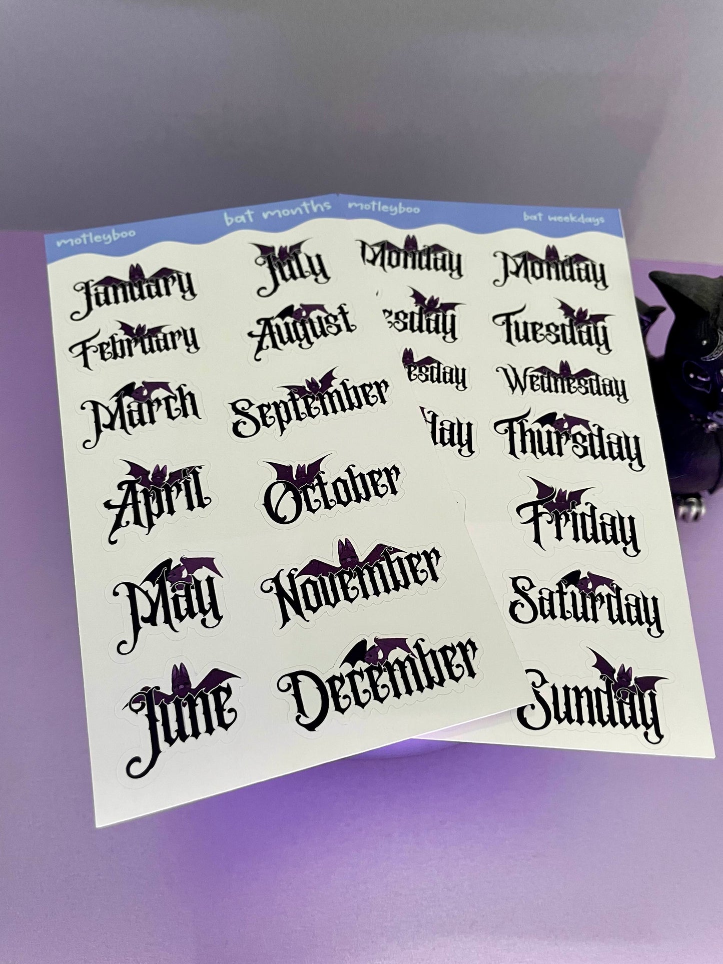 Months and weeks headers sticker sheet, goth stickers, halloween stickers, original art stickers, cute and fun stickers, bat stickers