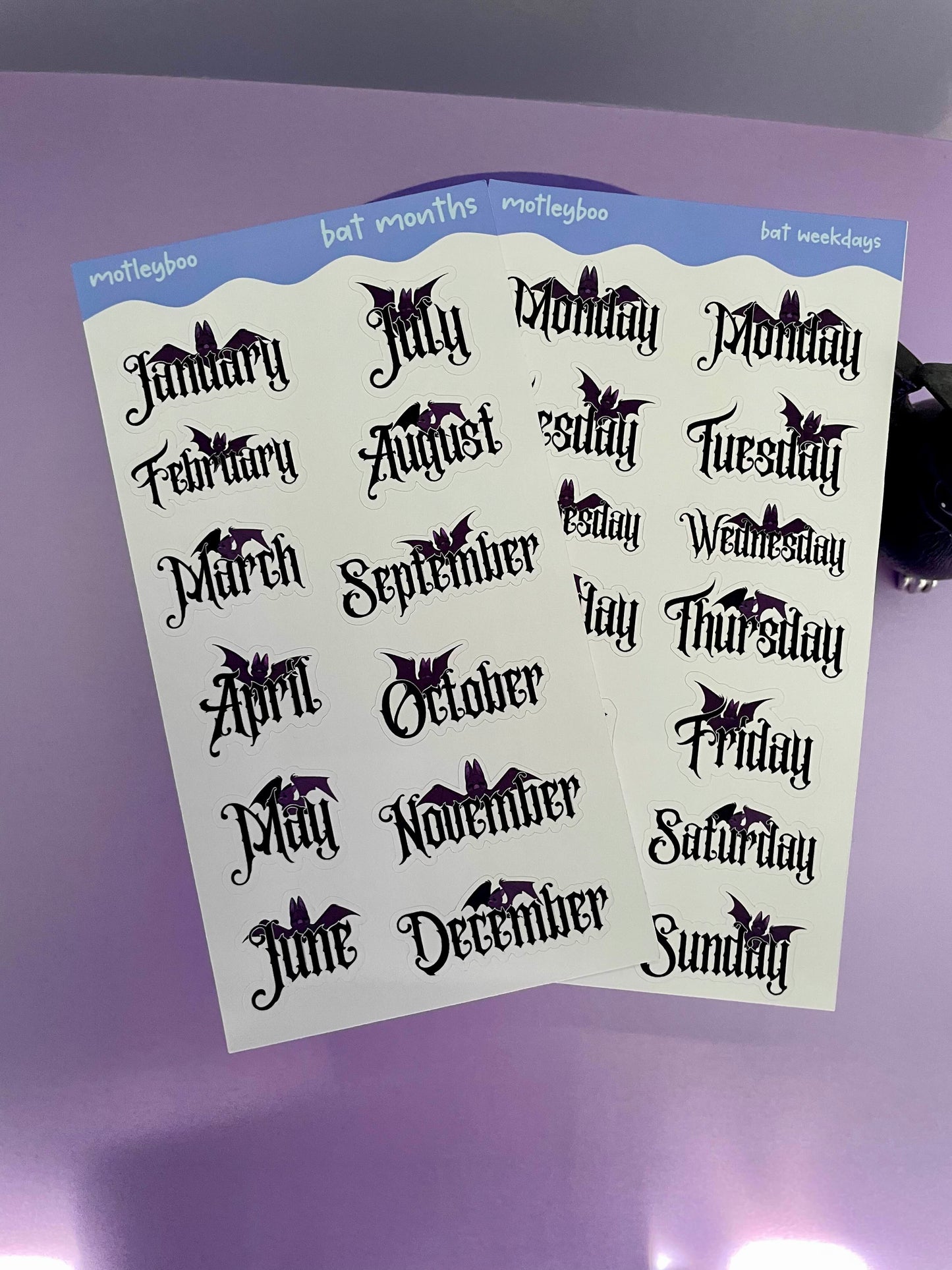 Months and weeks headers sticker sheet, goth stickers, halloween stickers, original art stickers, cute and fun stickers, bat stickers