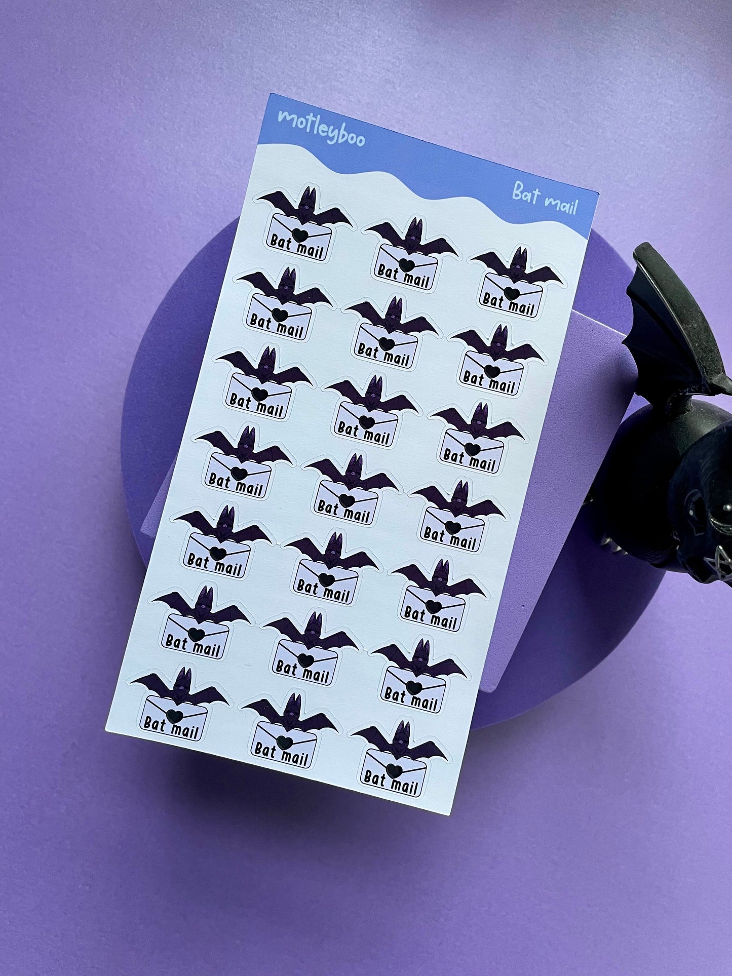 Bat mail sticker sheet, goth stickers, halloween stickers, original art stickers, cute and fun stickers, bat stickers, envelope stickers