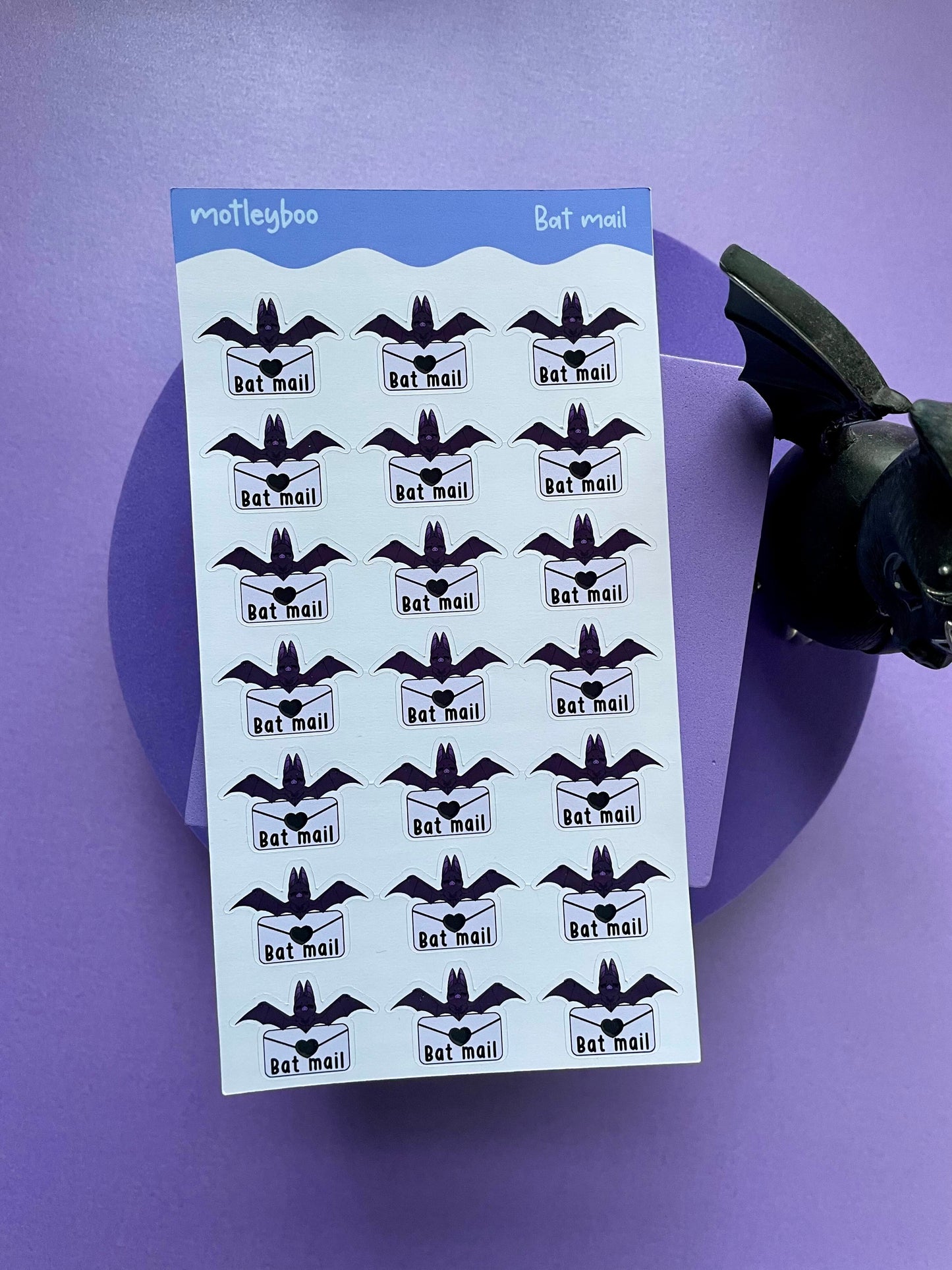 Bat mail sticker sheet, goth stickers, halloween stickers, original art stickers, cute and fun stickers, bat stickers, envelope stickers