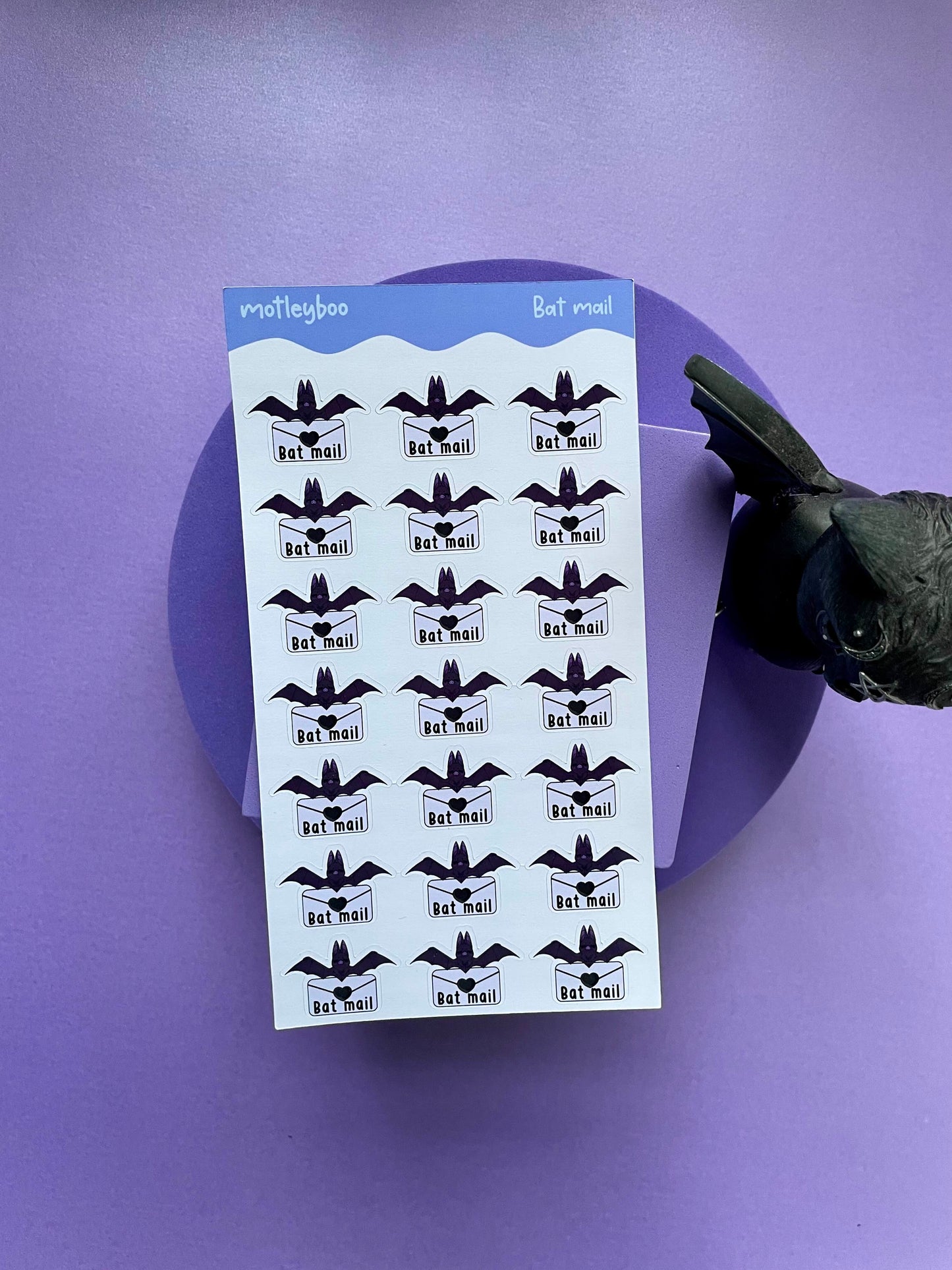 Bat mail sticker sheet, goth stickers, halloween stickers, original art stickers, cute and fun stickers, bat stickers, envelope stickers