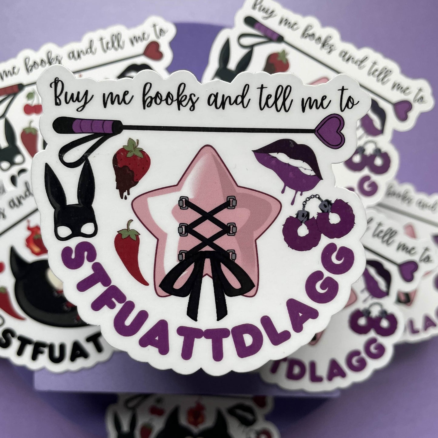 Buy me books and tell me to STFUATTDLAGG die cut, kindle and laptop sticker, gifts for bookish spicy smut book lovers, vinyl and laminated