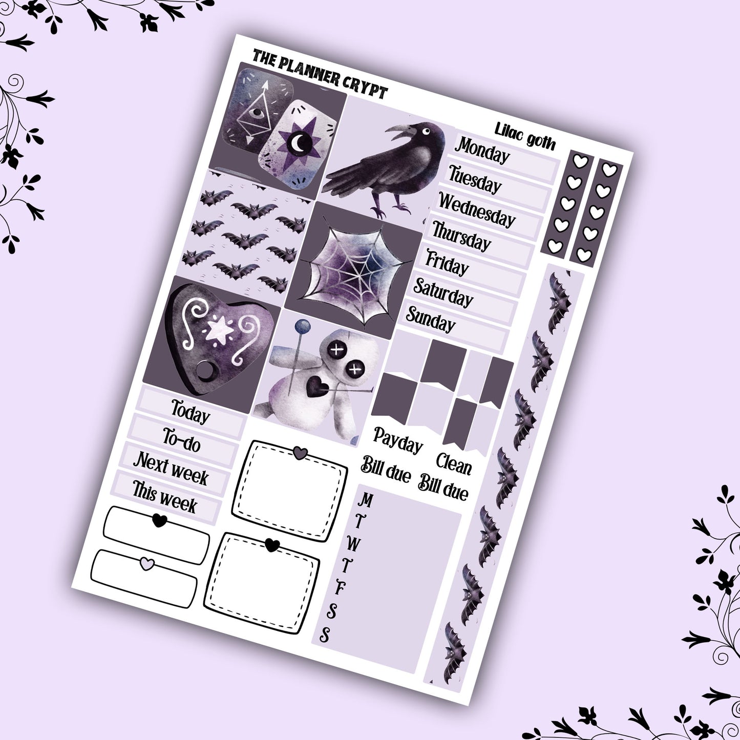 Hobonichi cousin planner sticker kit, lilac goth, gothic planner kit