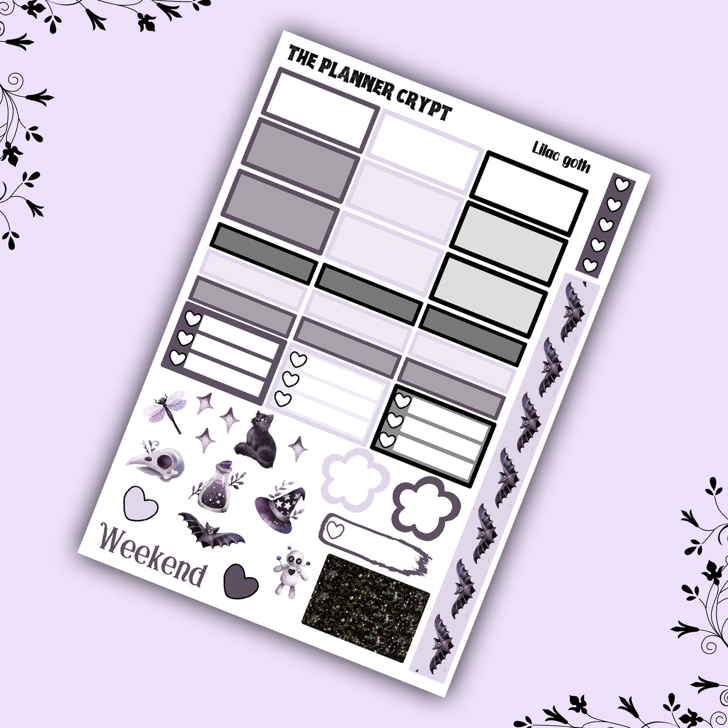 Hobonichi cousin planner sticker kit, lilac goth, gothic planner kit