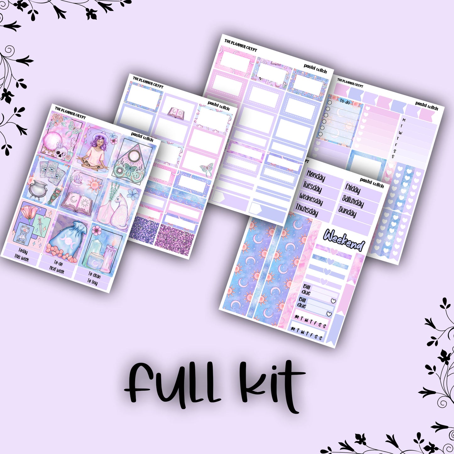 Weekly planner sticker kit, vertical planner stickers, goth planner, functional stickers, weekly planner, pastel witch