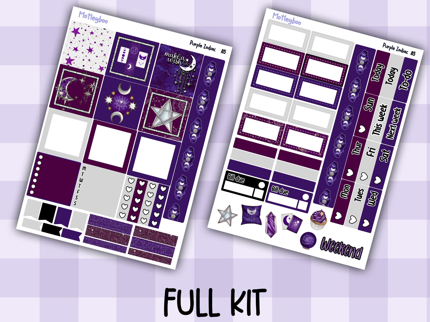 A5 Celestial Hobonichi cousin planner sticker kit, Purple Zodiac