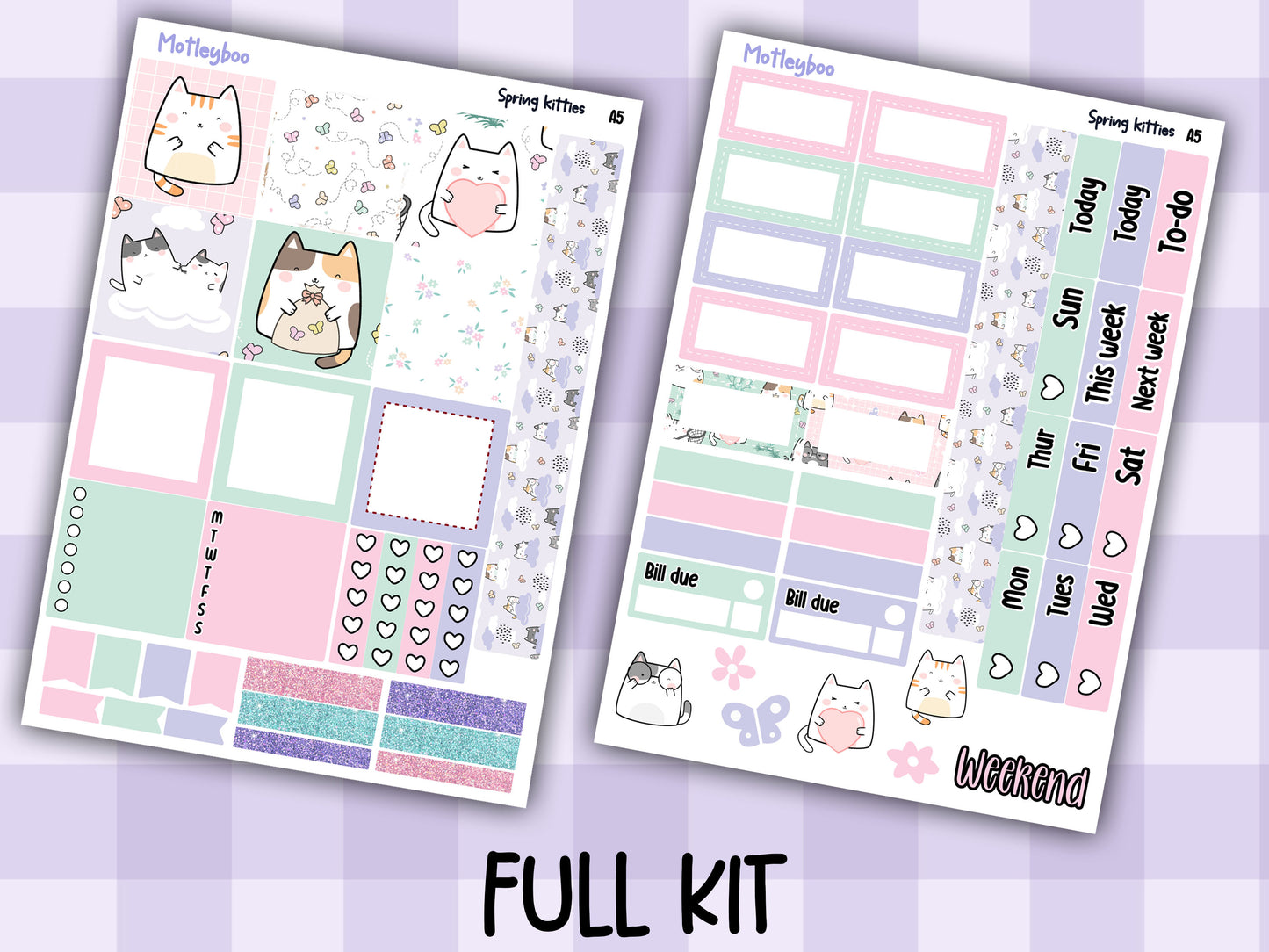 Spring kitties Hobonichi planner sticker kit, cat stickers, hobonichi cousin sticker kit