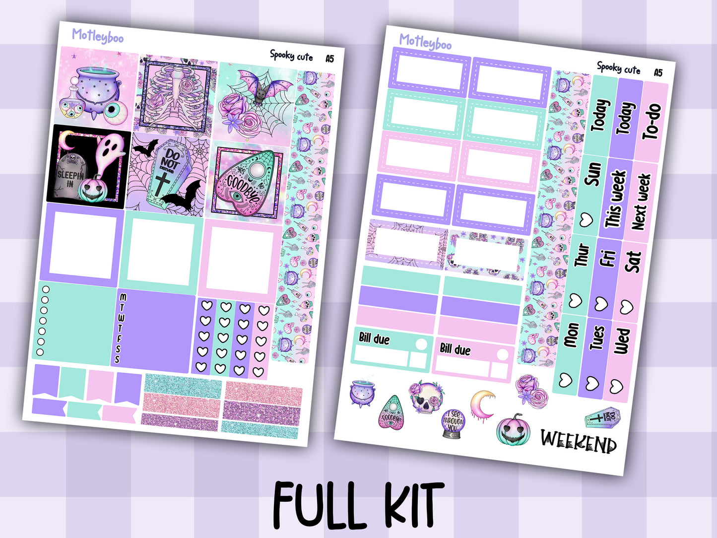 A5 pastel goth Hobonichi cousin planner sticker kit, Spooky cute