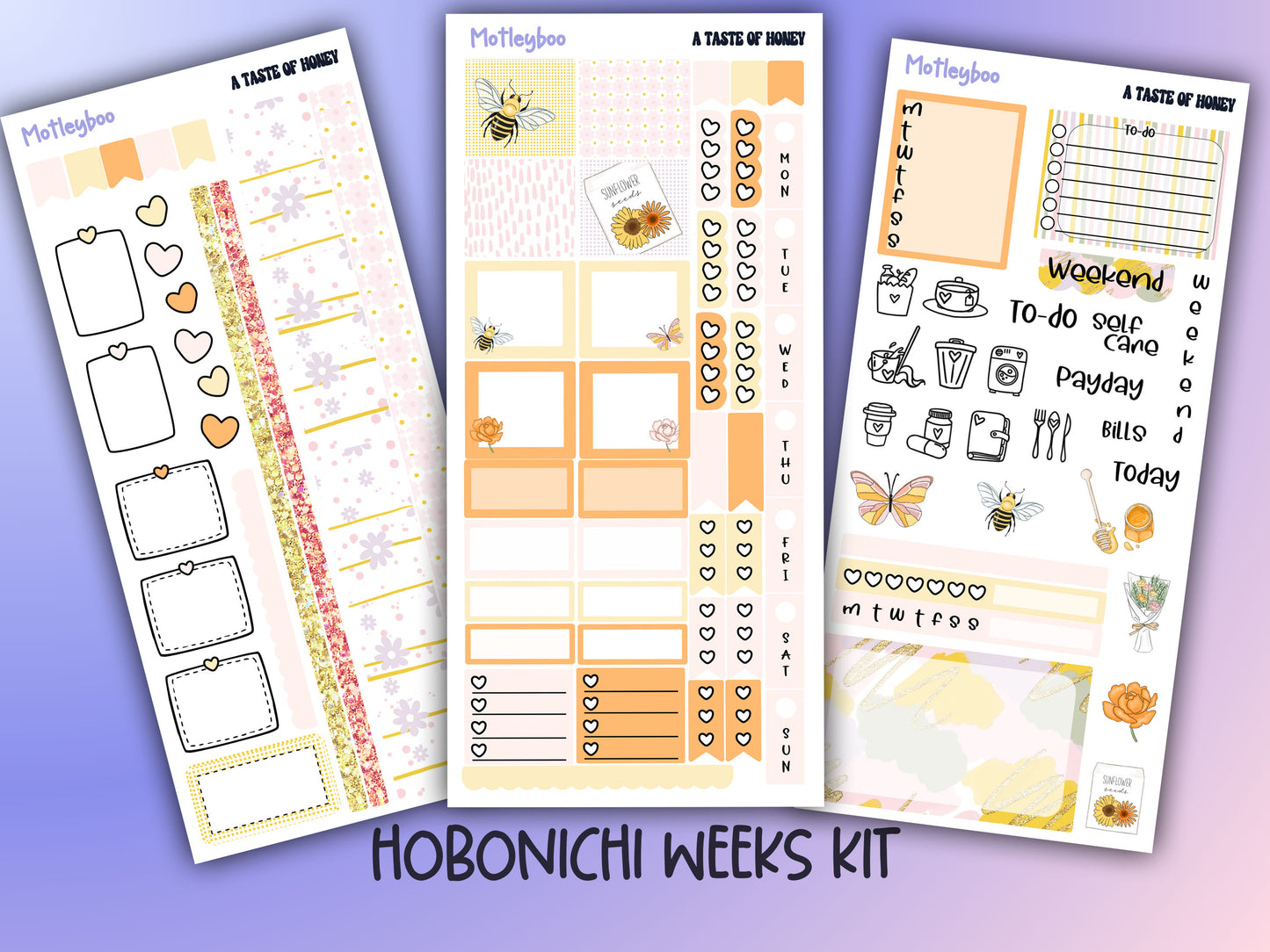 Hobonichi weeks, planner sticker kit, summertime stickers, bees and honey