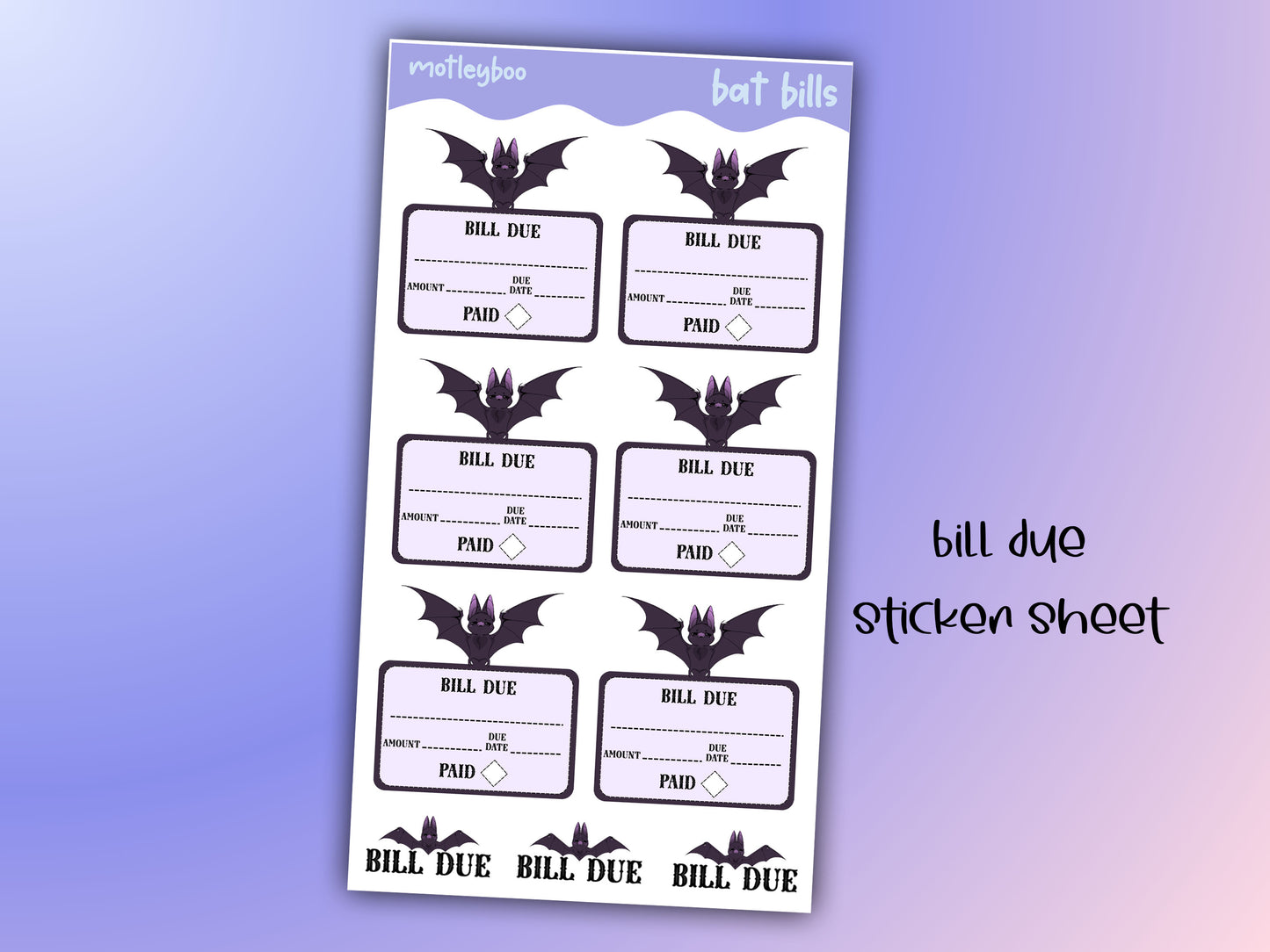 Bill due sticker sheet, stickers, goth stickers, gifts for spooky season, halloween stickers, original art stickers, cute and fun stickers