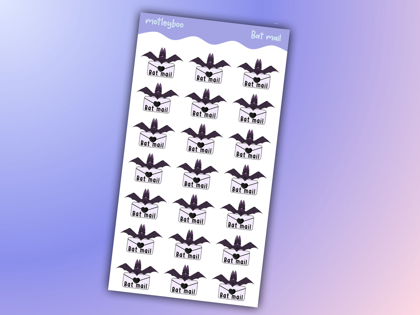 Bat mail sticker sheet, goth stickers, halloween stickers, original art stickers, cute and fun stickers, bat stickers, envelope stickers