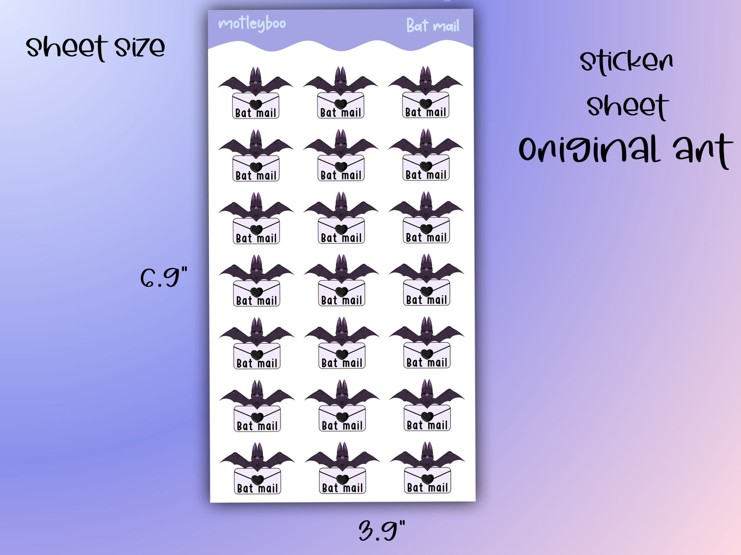 Bat mail sticker sheet, goth stickers, halloween stickers, original art stickers, cute and fun stickers, bat stickers, envelope stickers