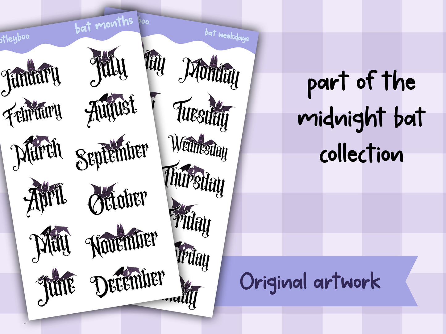 Months and weeks headers sticker sheet, goth stickers, halloween stickers, original art stickers, cute and fun stickers, bat stickers
