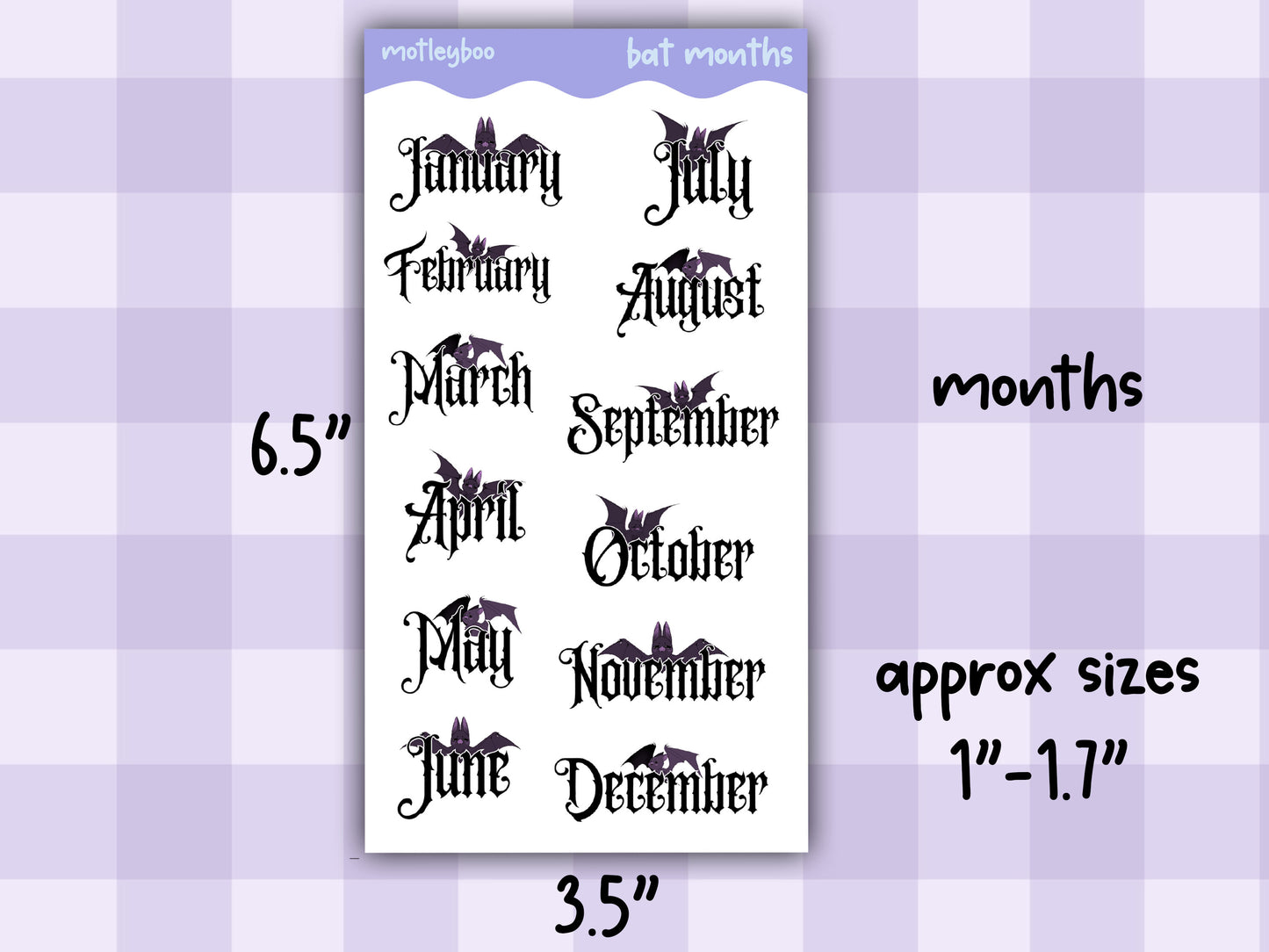 Months and weeks headers sticker sheet, goth stickers, halloween stickers, original art stickers, cute and fun stickers, bat stickers
