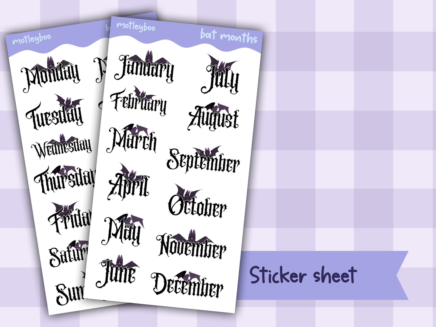 Months and weeks headers sticker sheet, goth stickers, halloween stickers, original art stickers, cute and fun stickers, bat stickers