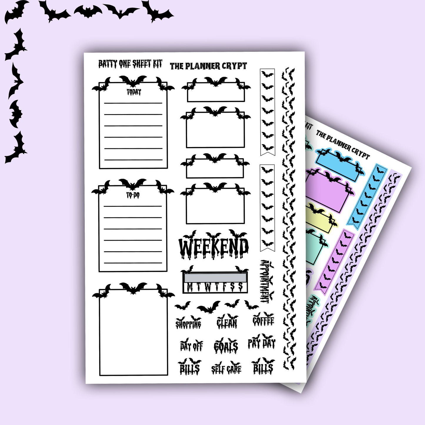 weekly planner stickers, gothic stickers, bat stickers, one sheet week, vertical planner, stickers, planner boxes, functional stickers