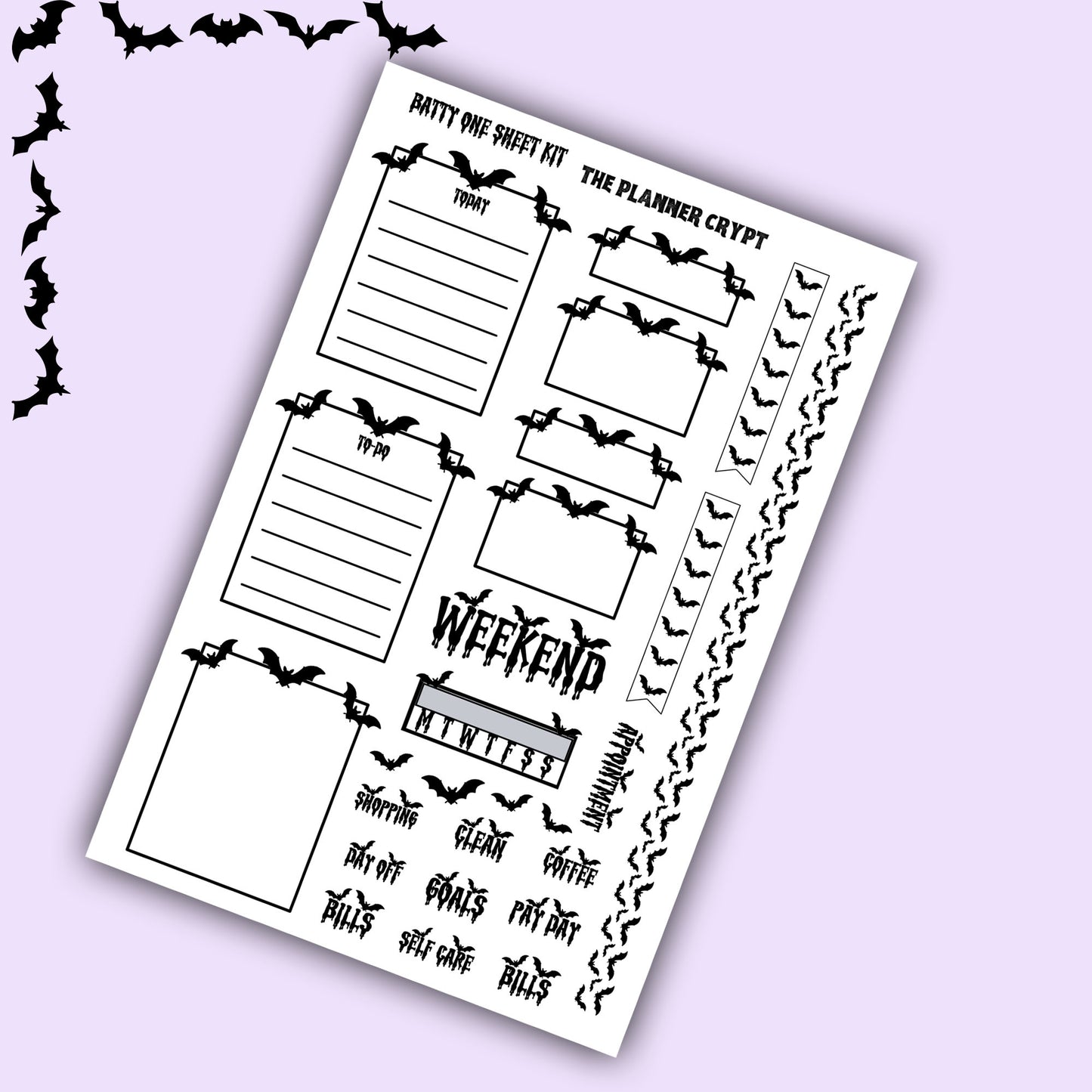 weekly planner stickers, gothic stickers, bat stickers, one sheet week, vertical planner, stickers, planner boxes, functional stickers