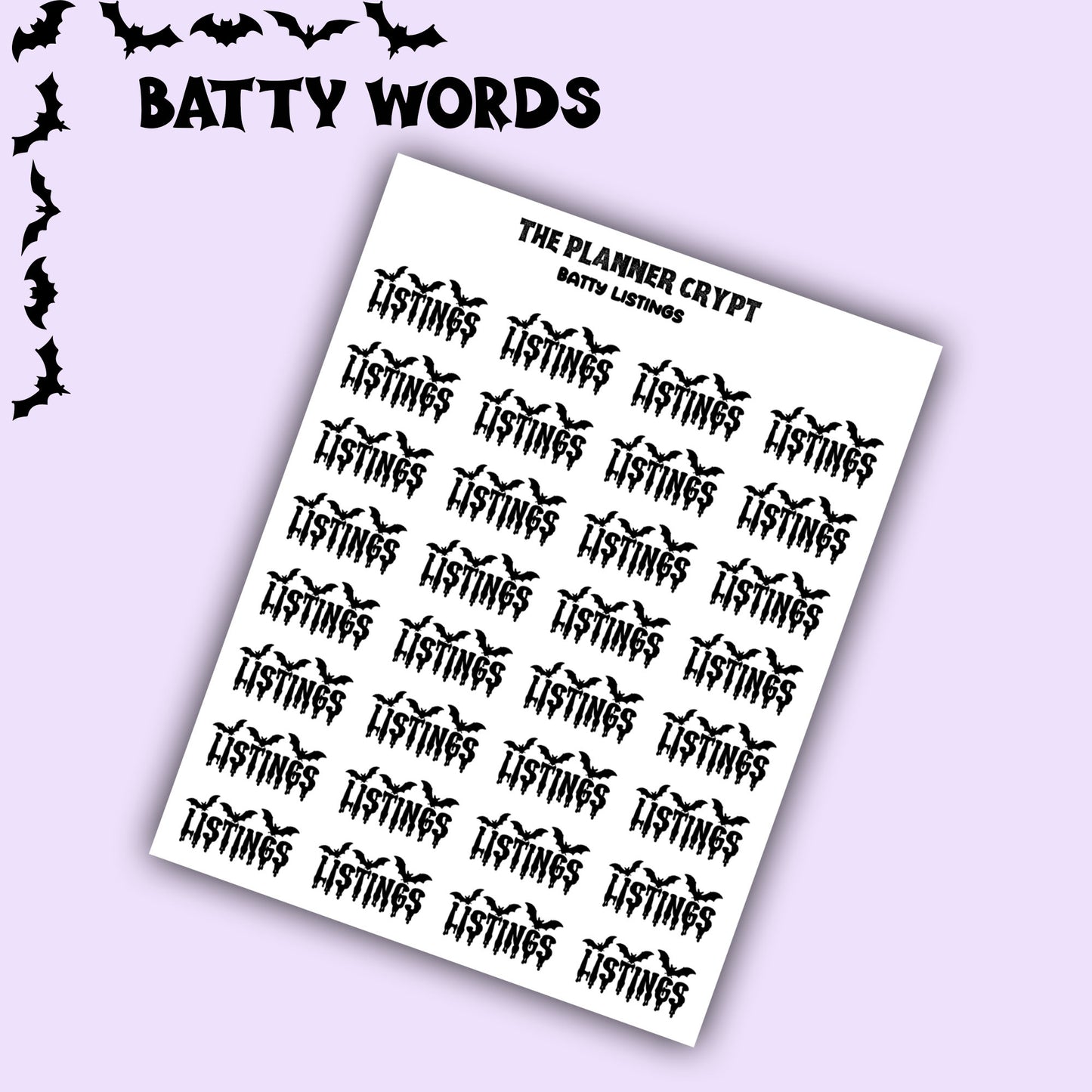 Script words, planner stickers, bats, spooky, goth planner, vertical planner, small journal, functional stickers, weekly planner, hobo week