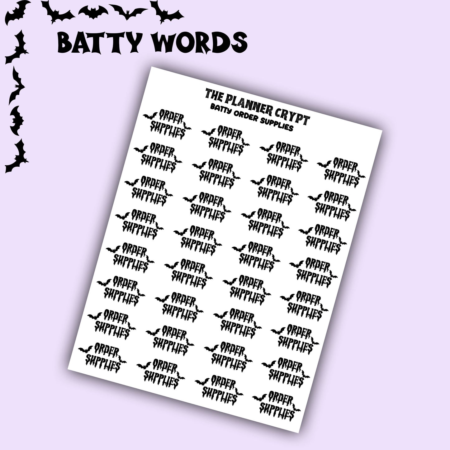 Script words, planner stickers, bats, spooky, goth planner, vertical planner, small journal, functional stickers, weekly planner, hobo week