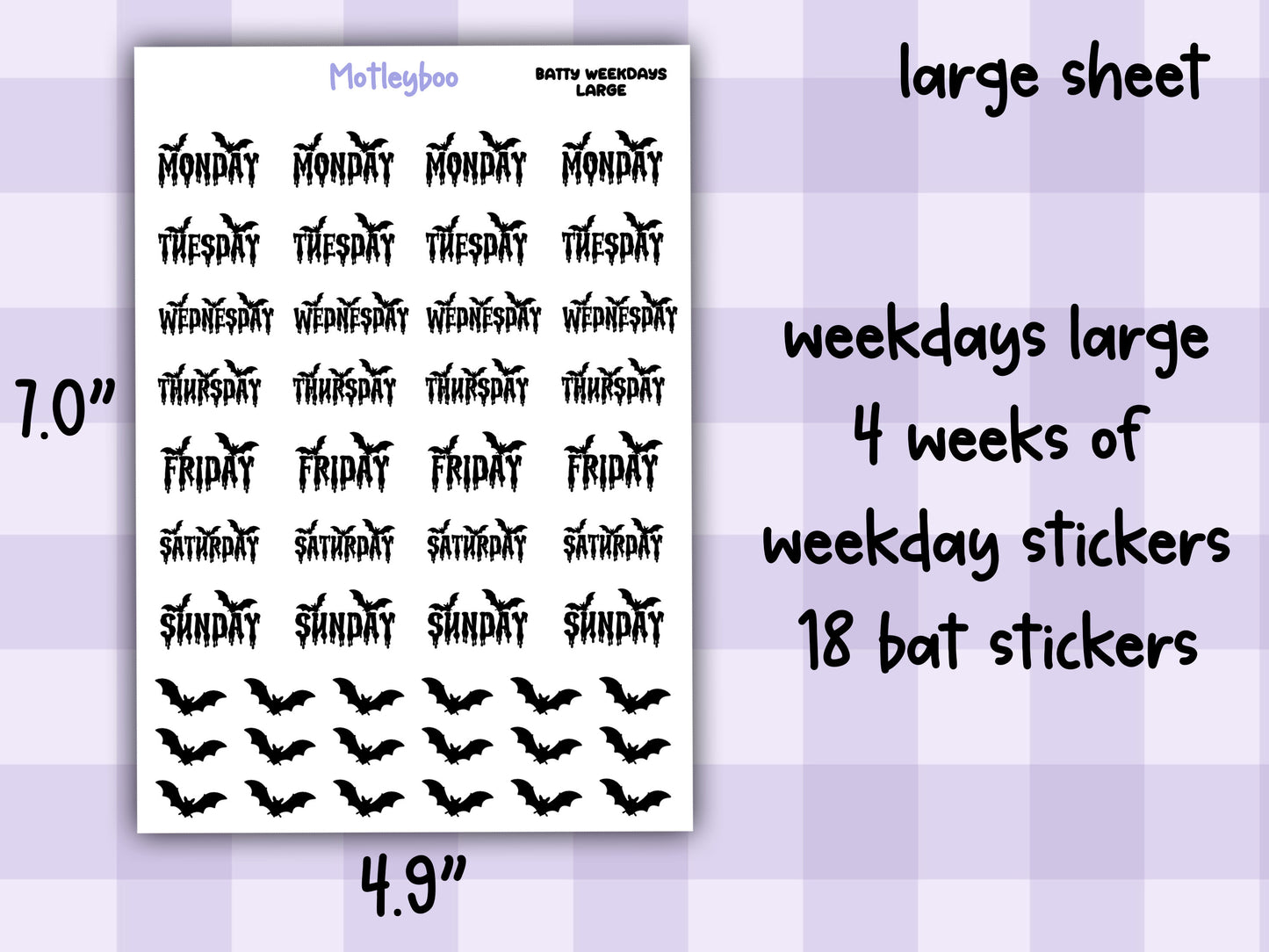 Batty Weekday functional Planner Stickers, Goth Script Words, Weekly planner, A5 planning