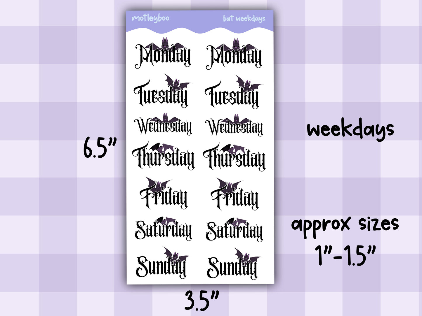 Months and weeks headers sticker sheet, goth stickers, halloween stickers, original art stickers, cute and fun stickers, bat stickers
