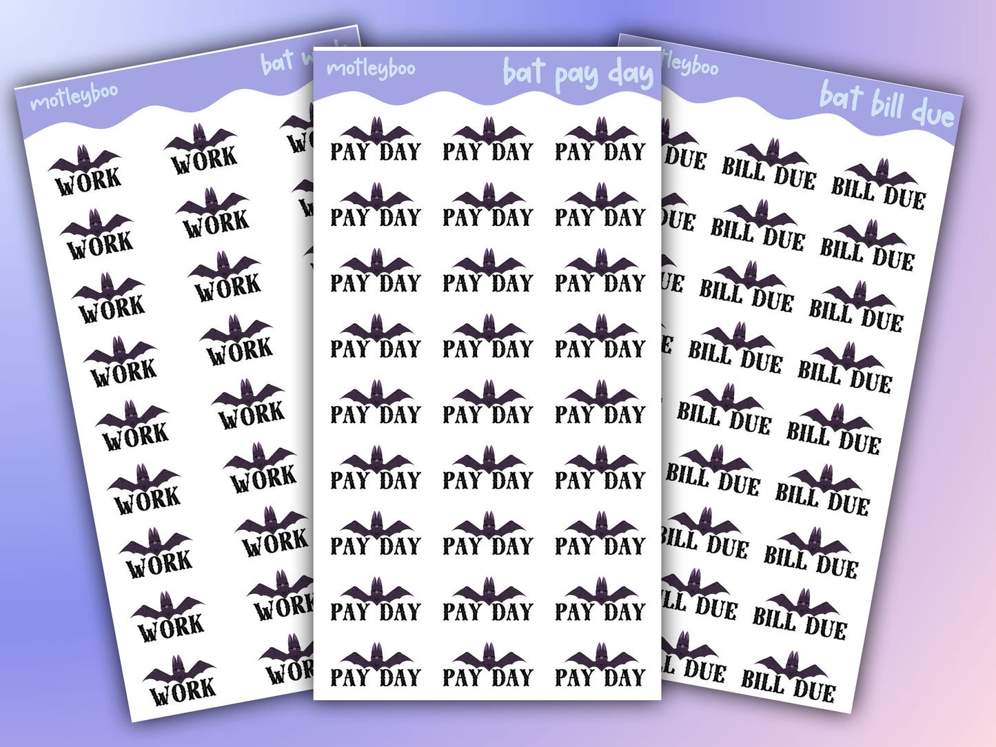 functional words sticker sheet, stickers, goth stickers, halloween stickers, original art stickers, cute and fun stickers, bat stickers