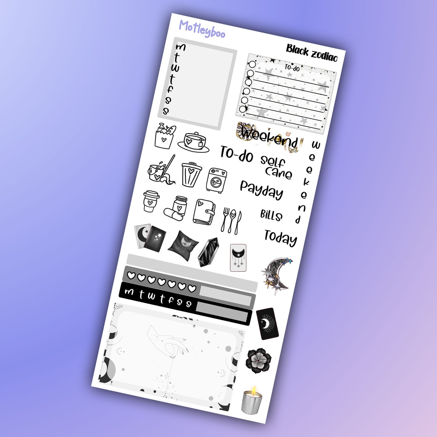 Hobonichi weeks, sticker kit, hobonichi planner, black zodiac, celestial stickers, witchy planner, hobonichi functional stickers,
